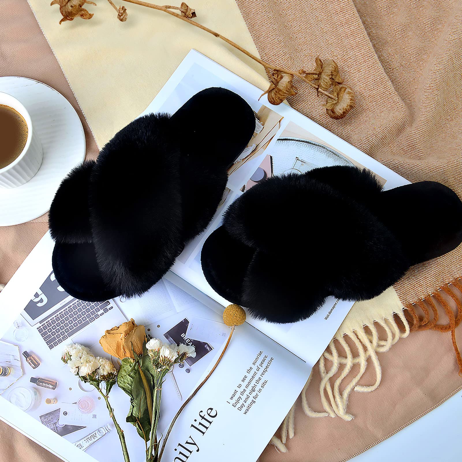 SIZE: 38-39 - Women's Cross Band Slippers Fuzzy Soft House Slippers Plush Furry Warm Cozy Open Toe Fluffy Home Shoes Comfy Indoor Outdoor Slip On Breathable (Black)