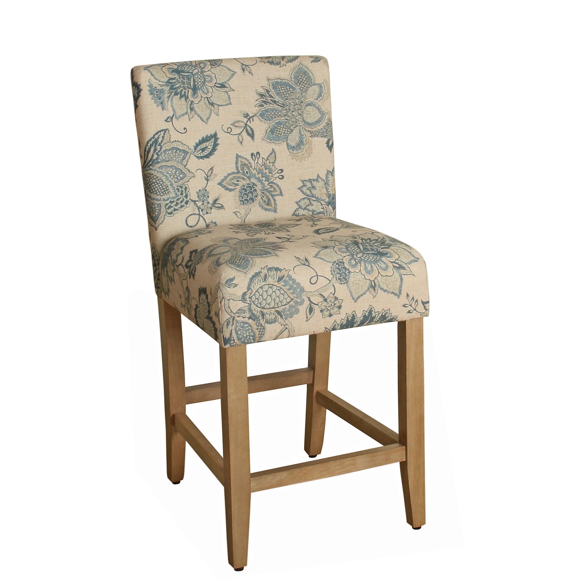 كرسي بار منجد من HomePop، ارتفاع 24 بوصة، أزرق وبني من طراز Jacobean