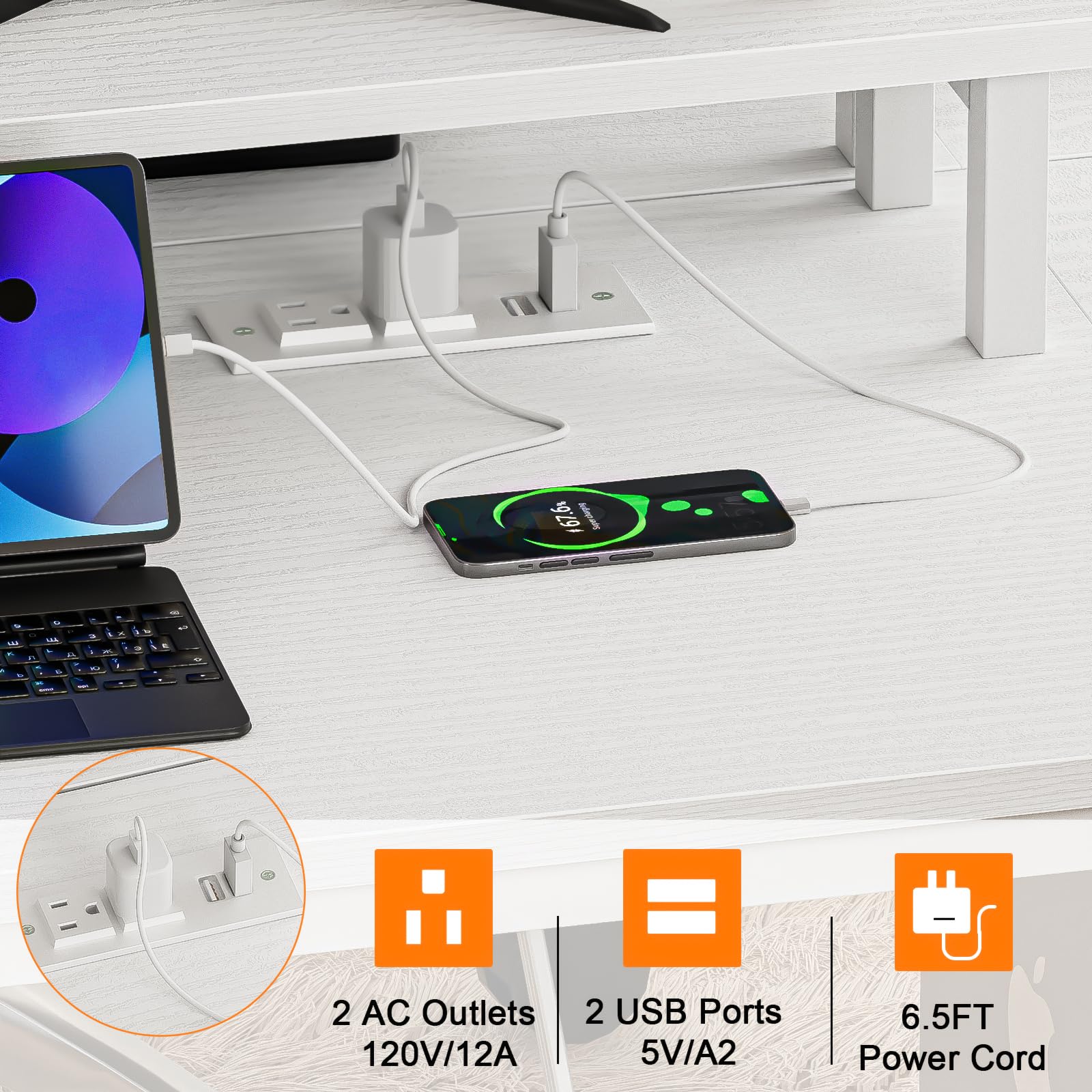 Furologee White Gaming Desk with Charging Station and LED Lights, 140 cm