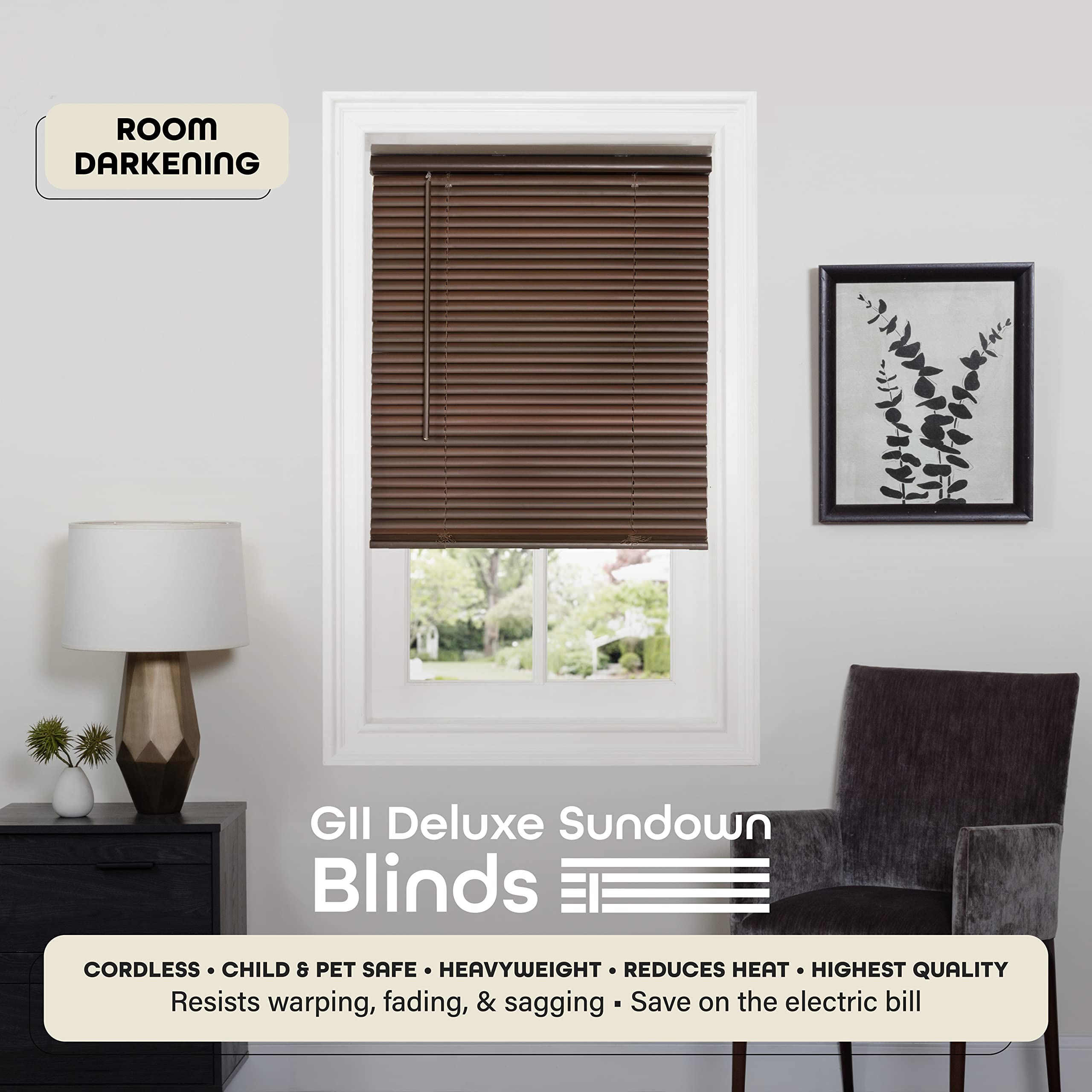 ستارة صغيرة لاسلكية لتعتيم الغرفة من Achim Home Furnishings - طول 27 بوصة، ارتفاع 64 بوصة، مقاس شريحة 1 بوصة - لون ماهوجني - ستائر أفقية لاسلكية GII ديلوكس ساندون للنوافذ الداخلية من Decor