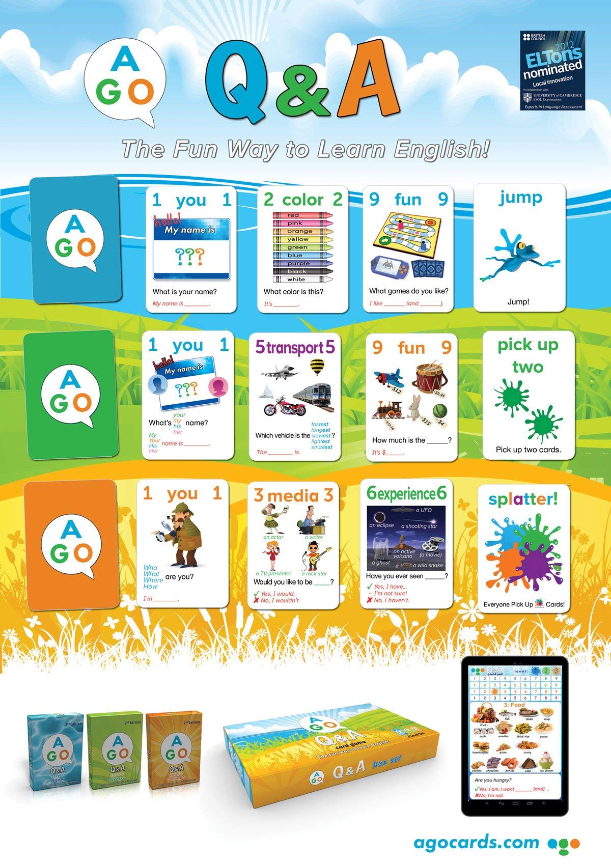 AGO QnA ESL Card Game for Learning English. 3 Level Box Set. Practice English Conversation Through Play!
