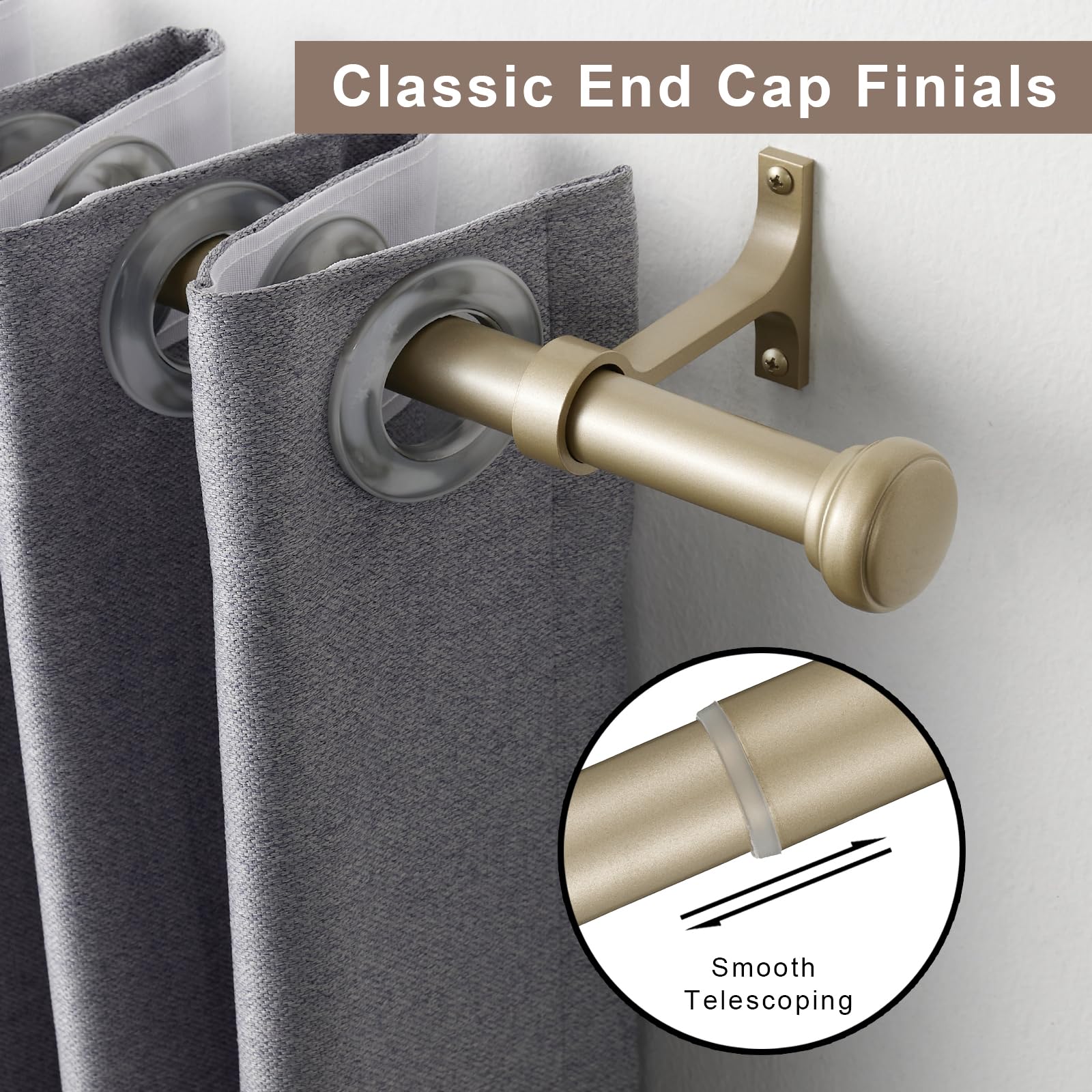 قضيب ستارة ثقيل، مجموعة من قطعتين من قضيب الستارة القابل للتعديل للنوافذ مع غطاء دائري، ذهبي فاتح