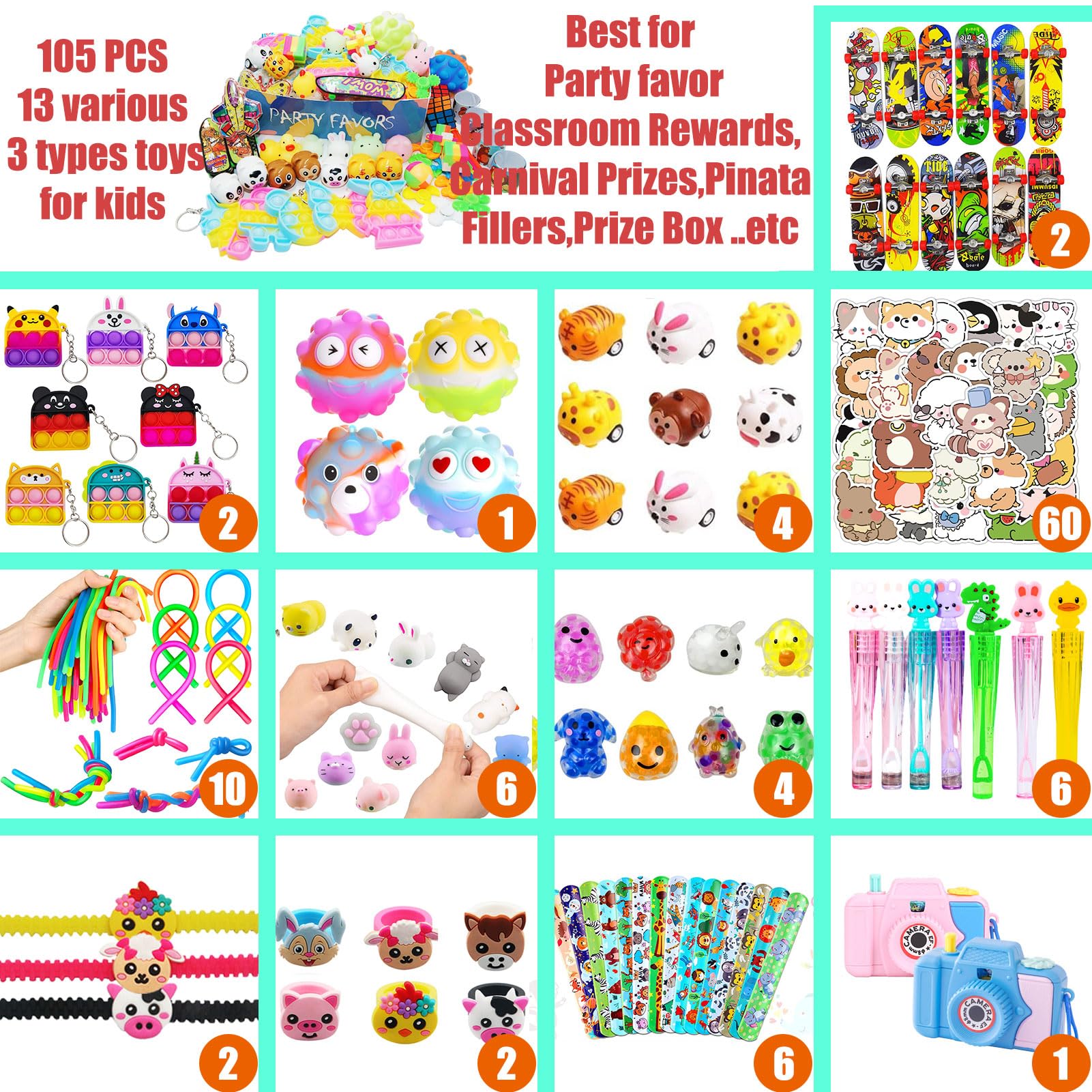 105 PCS Assortment Party Favors Toys for kids, Premium Mini Ctue Favors for All Ages kids Grils,Prize Box Toys,Goody Bag Fillers,pinata stuffers,Carnival Prizes for Boys and Girls 4-10