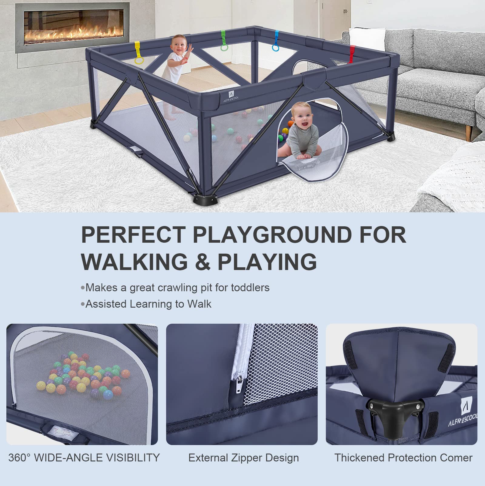 A ALFRESCOOL Baby Playpen, 47"x47"(15.5 sq. ft Space), Foldable Large Playpen for Babies and Toddlers, Indoor & Outdoor Baby Activity Center with Gate & Breathable Mesh, Anti-Fall Portable Play Pens