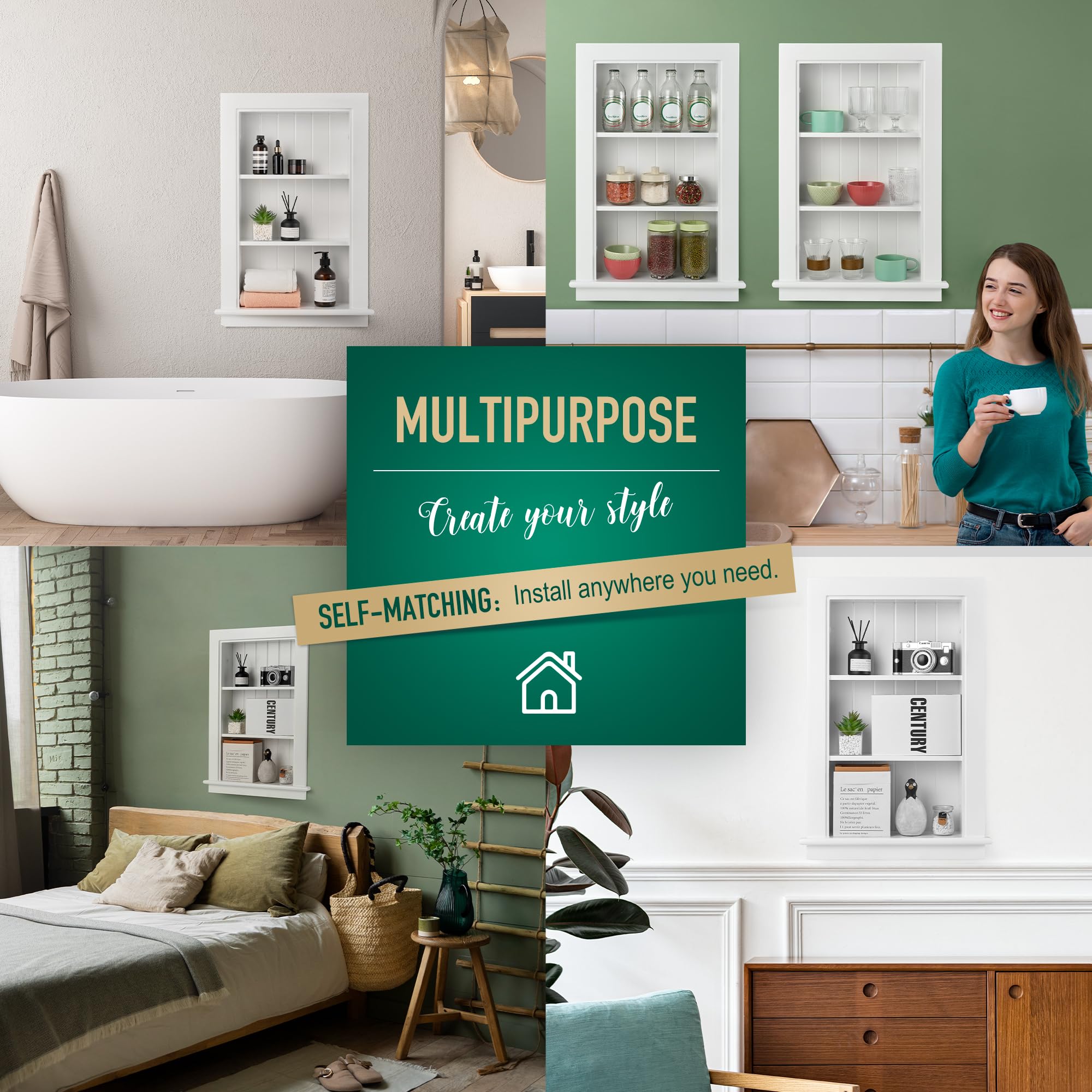 Potter-Island 14 x 24 Medicine Cabinet Recessed, Wall Niche, Bathroom Wall Cabinet, 3-Tier, Between Studs Shelving for Drywall, White