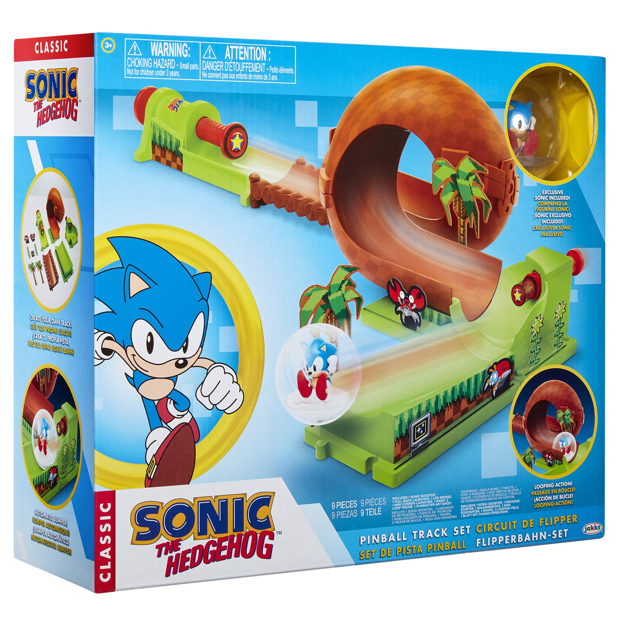 Sonic The Hedgehog Pinball Green Hill Zone Pinball Track Play Set |Looping Action & Automatic Bumper | 9Piece with Exclusive Sonic Sphere Included