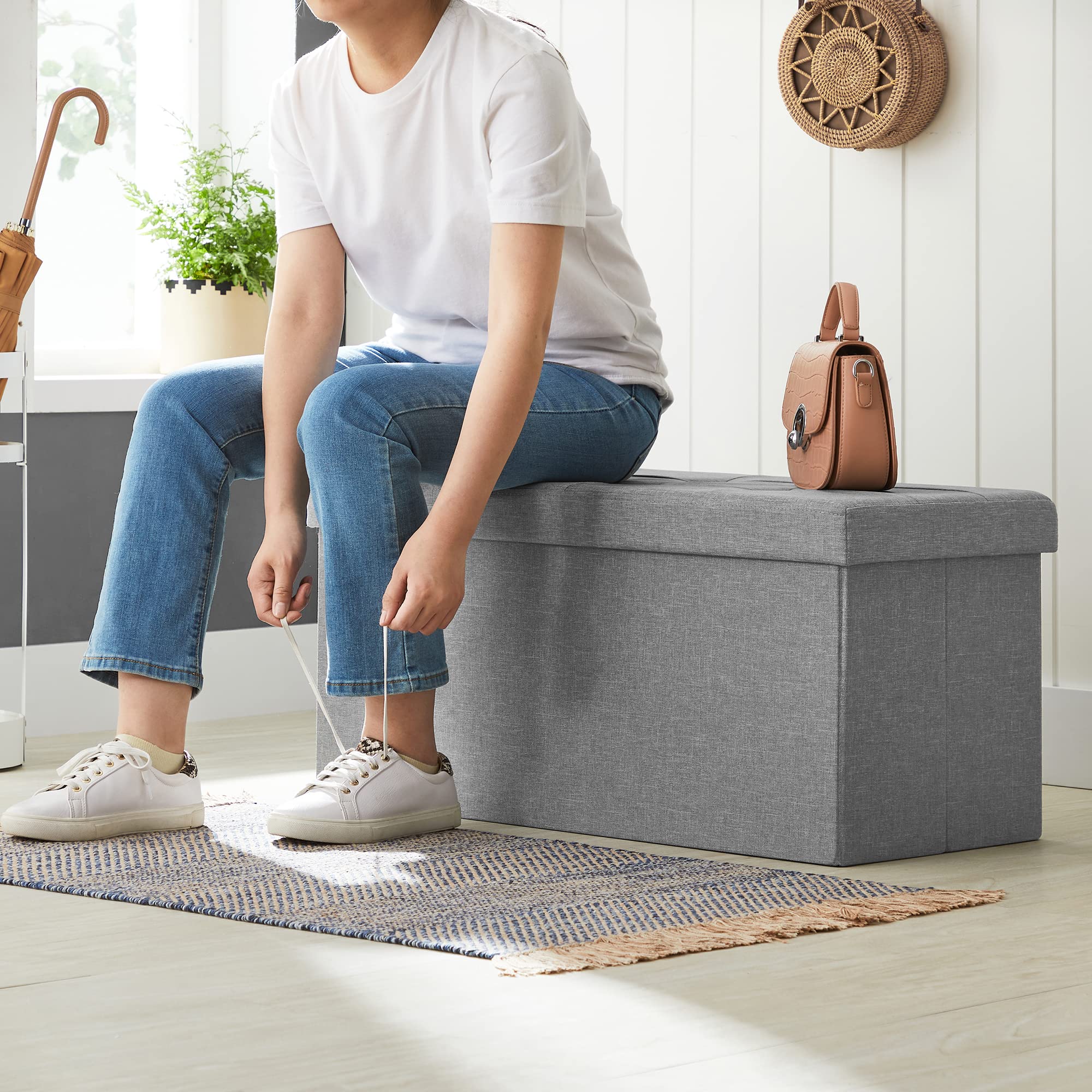 SONGMICS 30 Inches Folding Storage Ottoman Bench, Storage Chest, Foot Rest Stool, Light Gray ULSF47G, 15 x 30 x 15 Inches