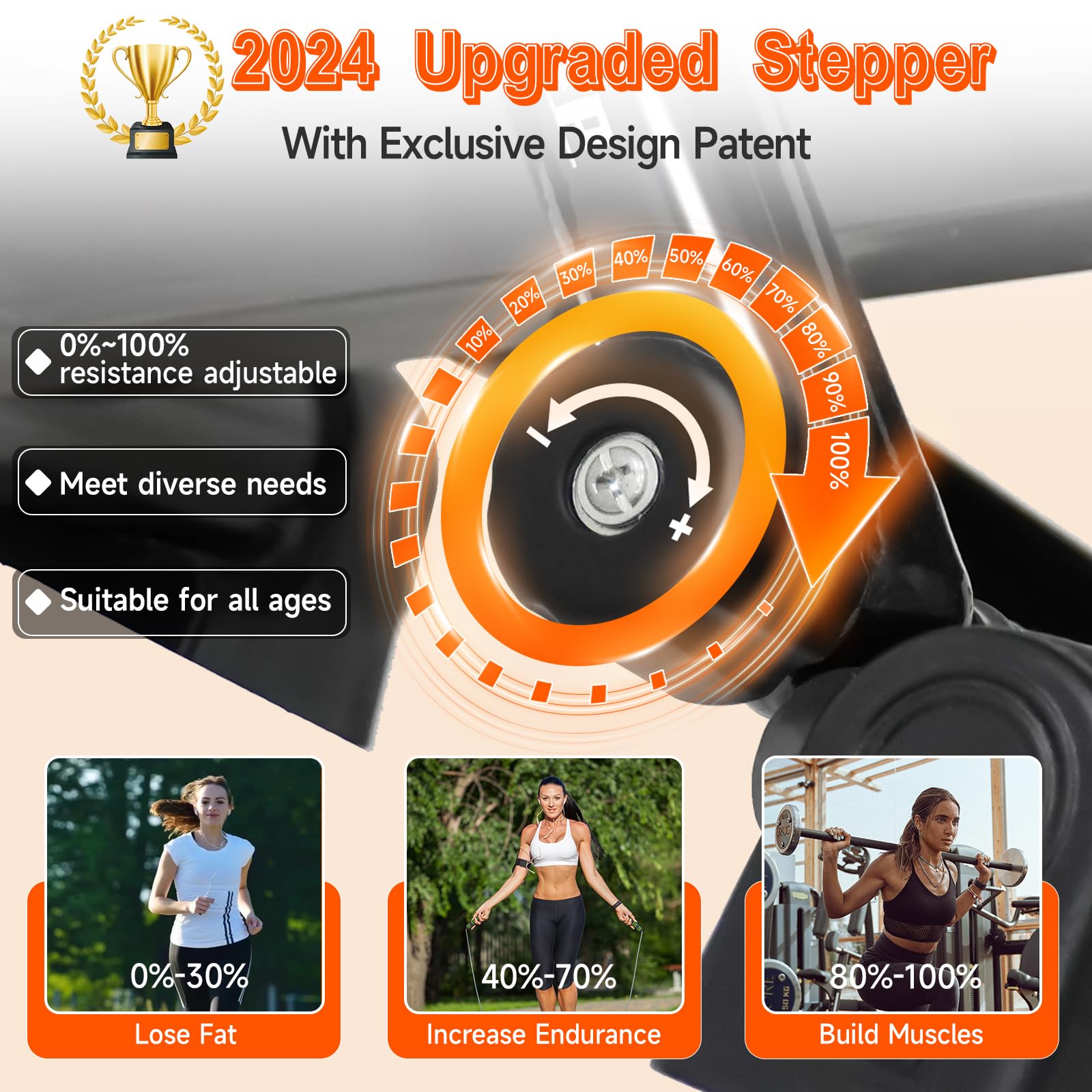 VitalLeap Steppers for Exercise, 16-Level Adjustable Resistance Stair Steppers with Arm Training Bands for Home Fitness