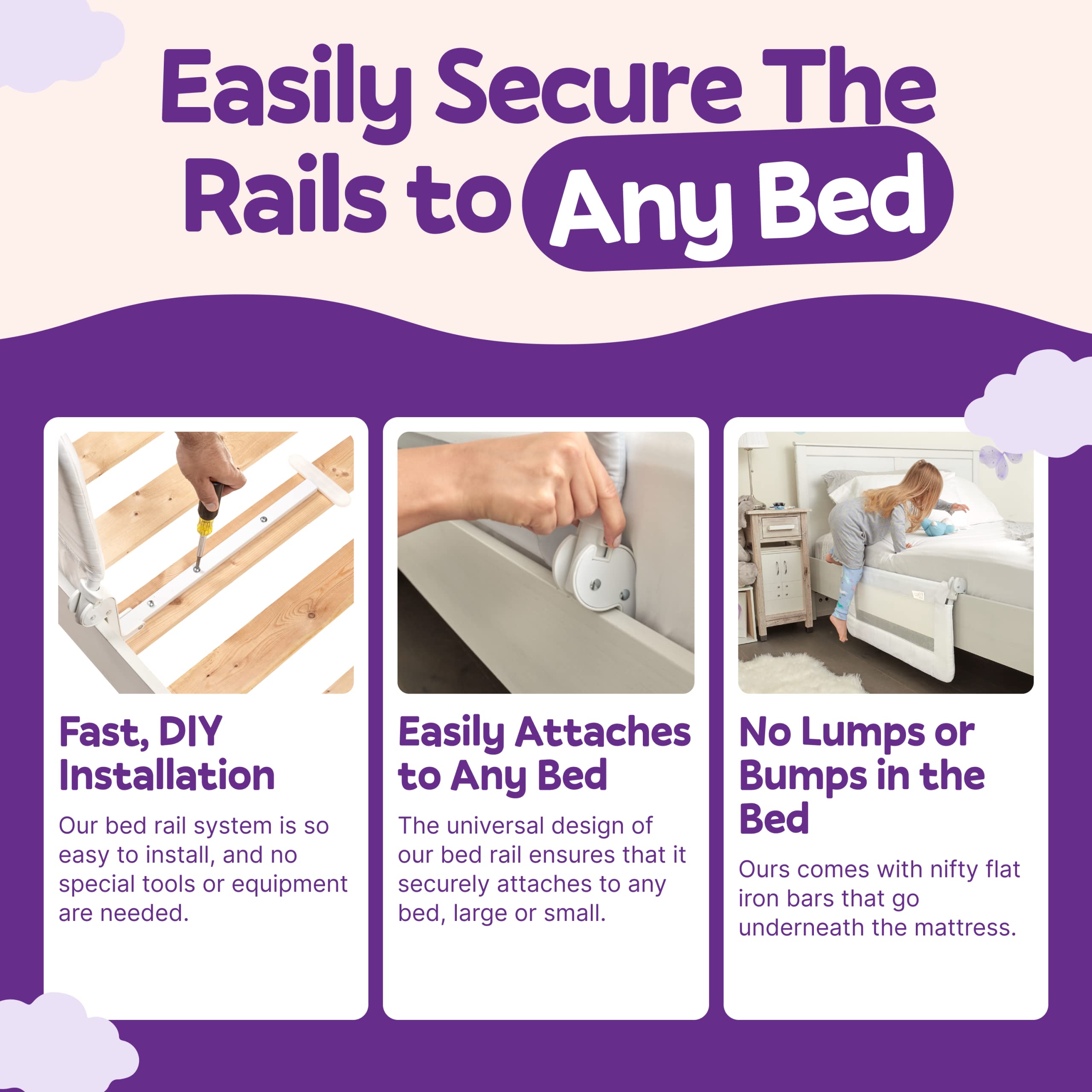درابزين سرير الأطفال طويل جدًا من ComfyBumpy - واقي درابزين سرير الأطفال، سرير مزدوج، سرير كامل، سرير كينج وكوين - درابزين سرير قابل للتعديل للأطفال الصغار - درابزين جانبي لسرير الأطفال - أبيض، مقاس XL (59 بوصة × 19.5 بوصة)، عبوة من قطعتين