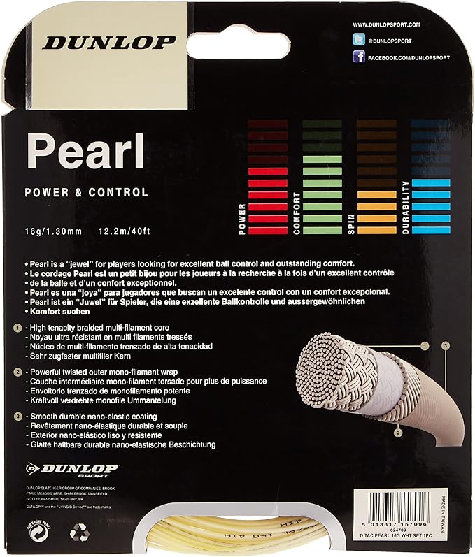 Dunlop Pearl Tennis String 12 m – Durable Nylon String for Power & Control (White)