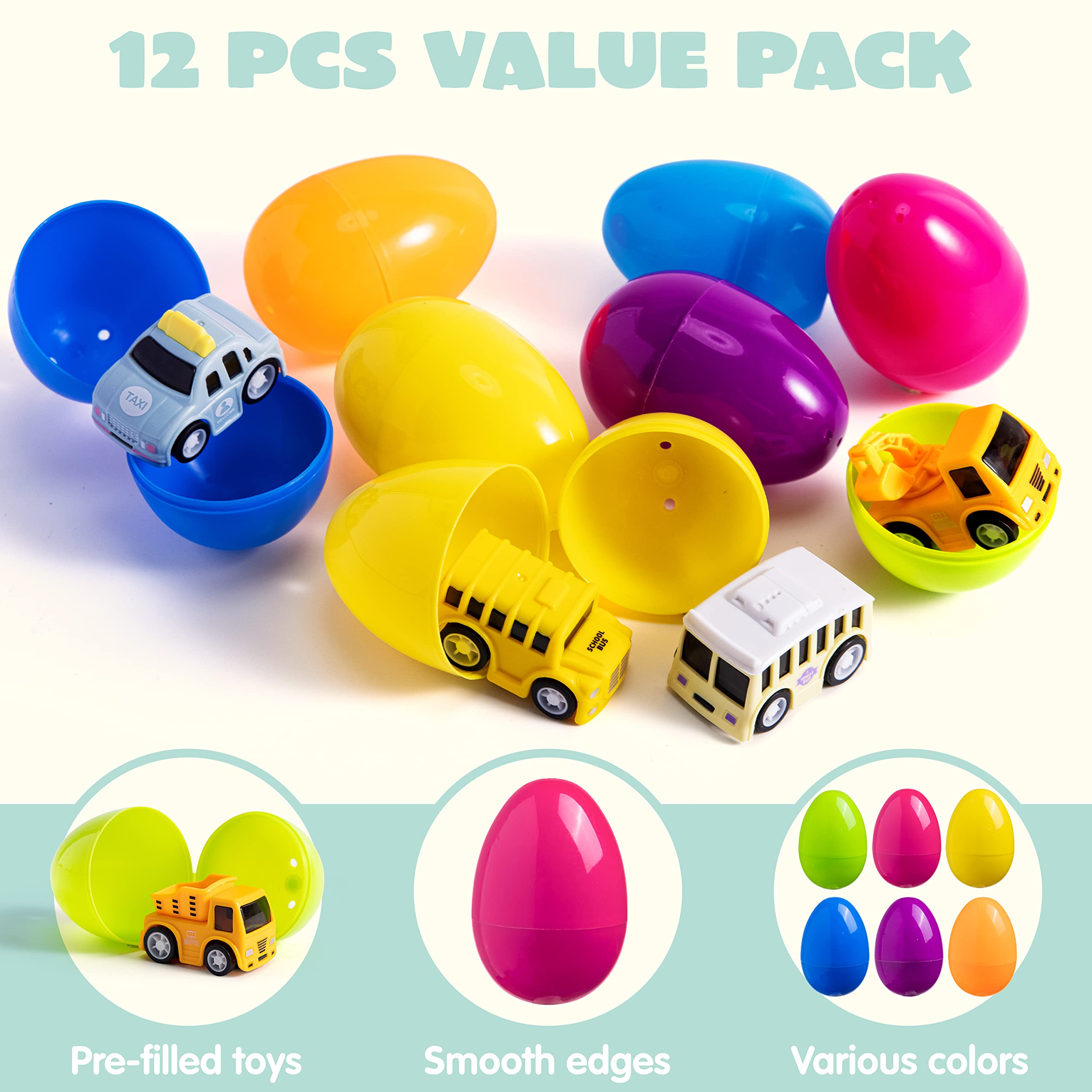 JOYIN 12 Packs Pre-Filled Easter Eggs with Cars for Boys, Basket Stuffers Easter Egg Hunt, Goodie Bag Fillers Classroom Prize and Party Favors for Kids