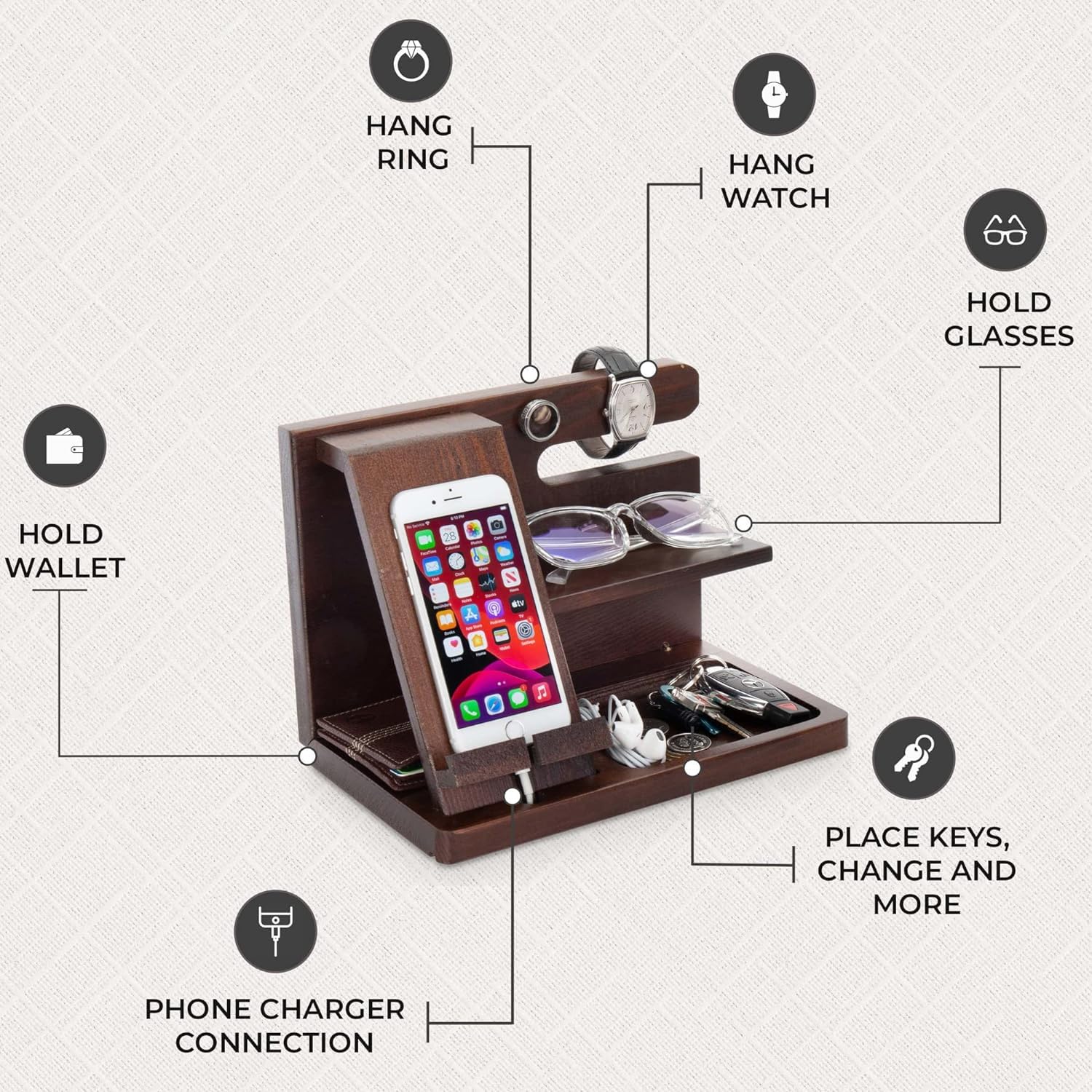 Peraco Wood Phone Docking Station and Mens Nightstand organizer