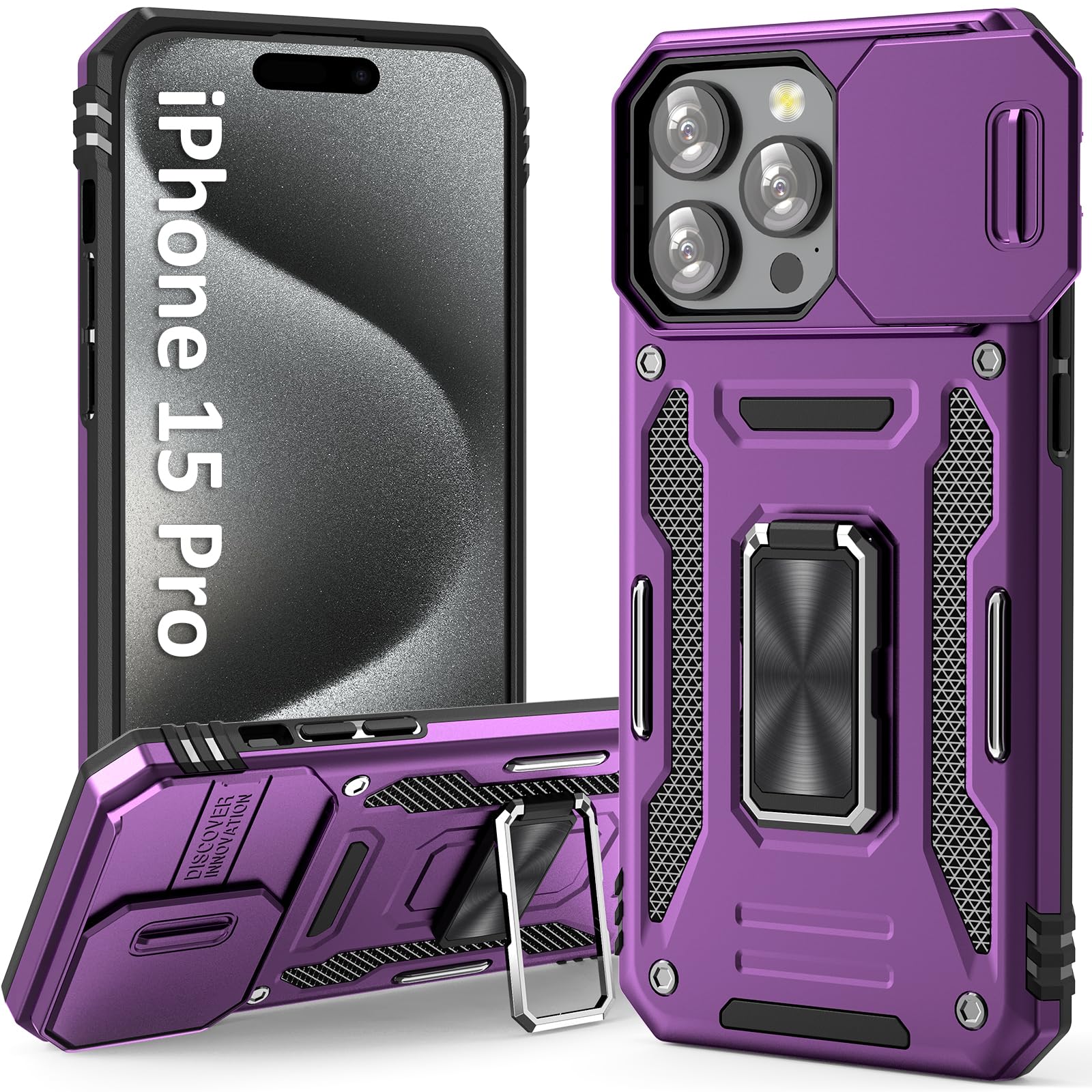 UKLCCU Phone Case for iPhone 15 Pro Case 15 Pro iPhone Phone Case for Women with Camera Cover Slide, Built-in 360° Rotating Kickstand for iPhone 15 Pro - Purple