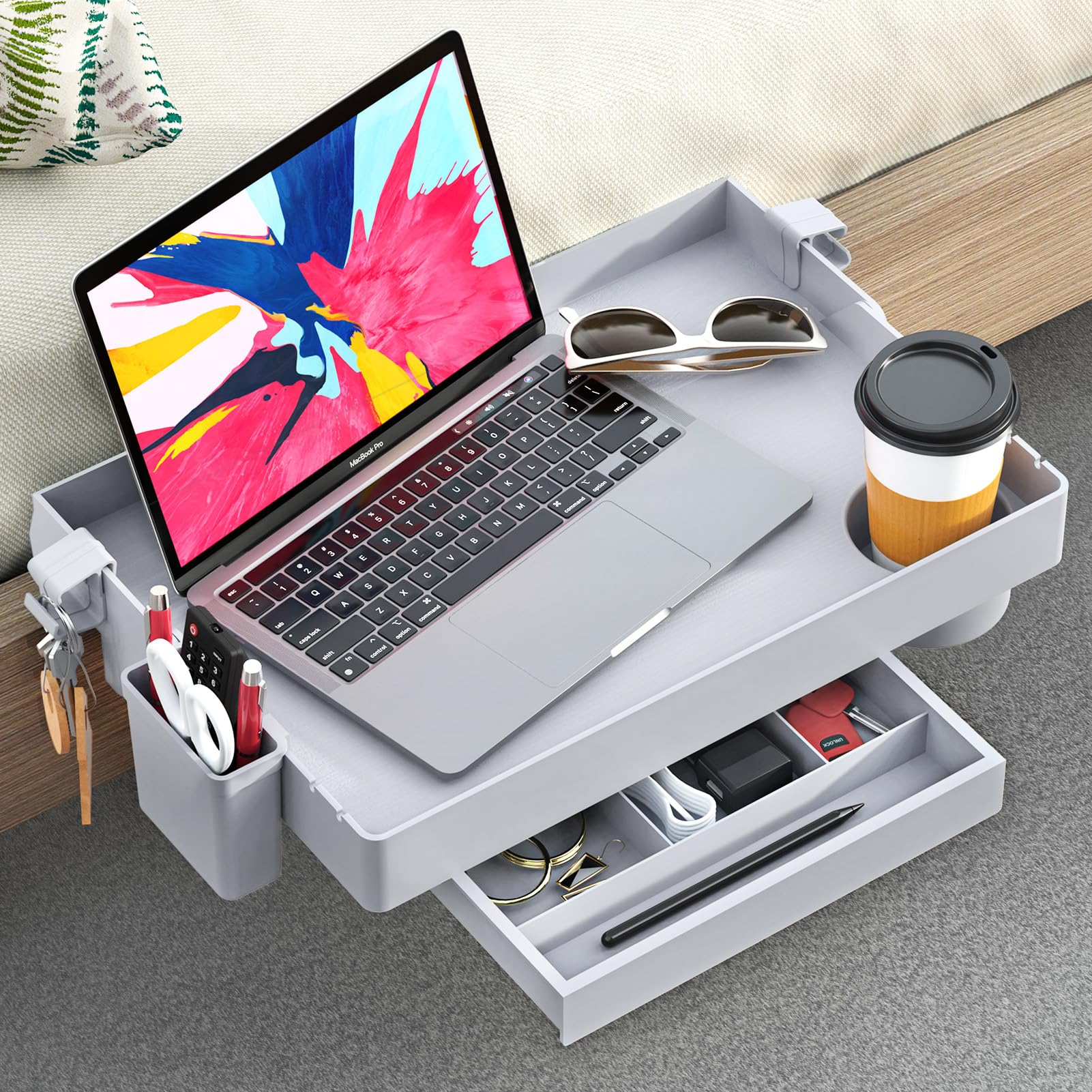 SOLEJAZZ Bedside Shelf for Bed, Foldable Bunk Bed Shelf for Top Bunk Clip On Nightstand with Drawer, Hook, Cup & Cord Holder College Dorm Room Essential Table Caddy Tray Organizer Bedroom Shelf, Grey