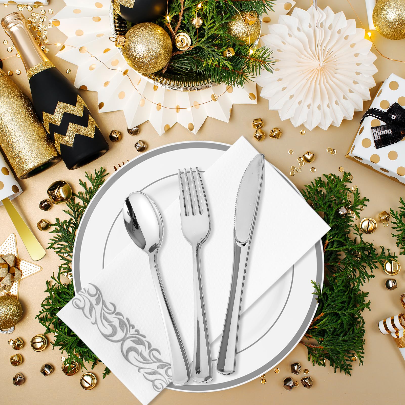 JOLLY CHEF 700 Piece plastic disposable Silver Dinnerware