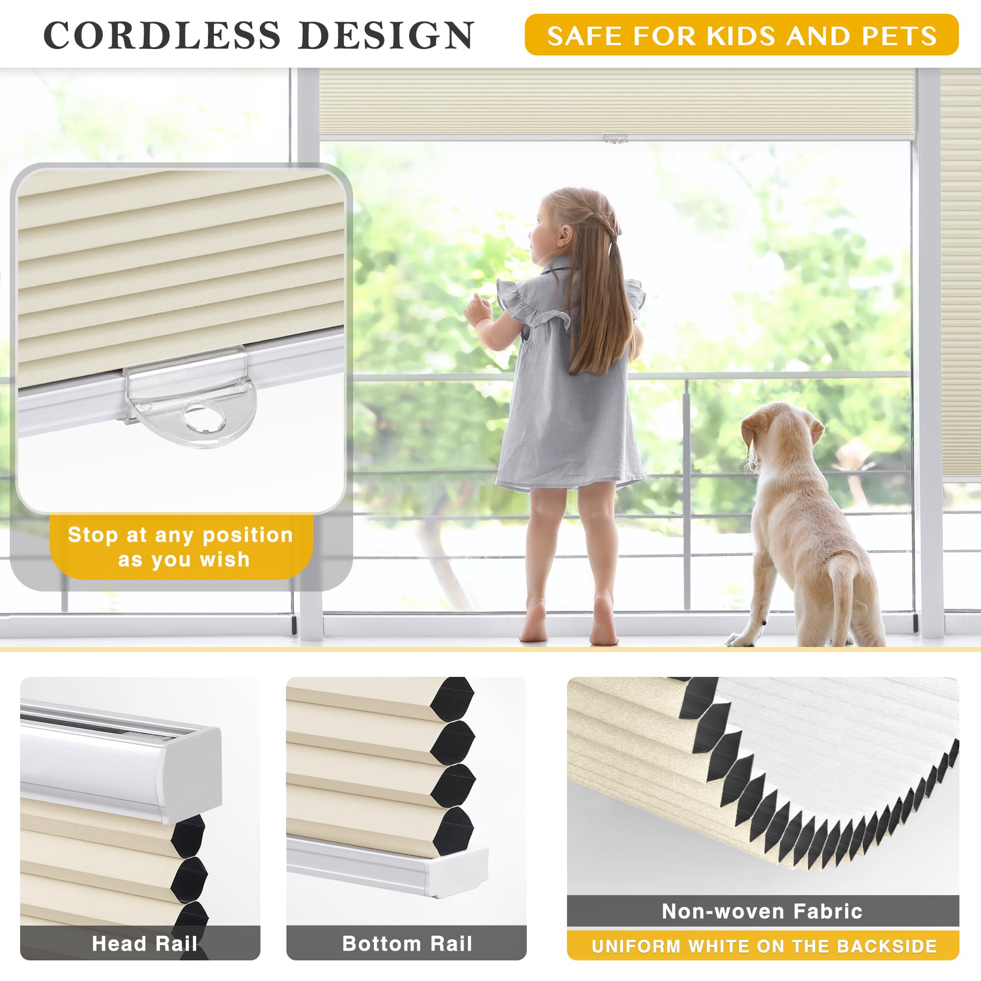 ستائر لازبليندز الخلوية اللاسلكية، ستائر تعتيم قرص العسل، مقاس 91.44 سم عرض × 182.88 سم ارتفاع، كريمي