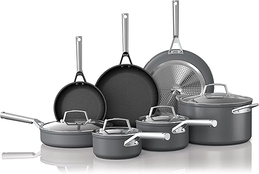 Ninja, Cookware, 12-Piece Cookware Set, Fry Pan, Sauce Pan, Sauté Pan, Glass Lid, Stock Pot, Foodi NeverStick Premium, Hard-Anodized, Nonstick, Oven Safe, Durable Pans, Slate Grey, C39800 - D
