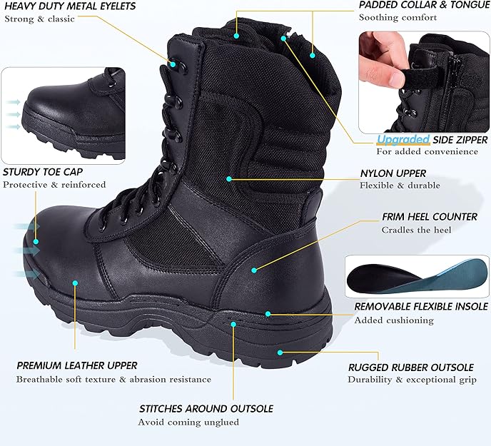 SIZE: 43 - RIELD Men's Military Tactical Work Boots Side Zipper Jungle Army Combat Boots,Black