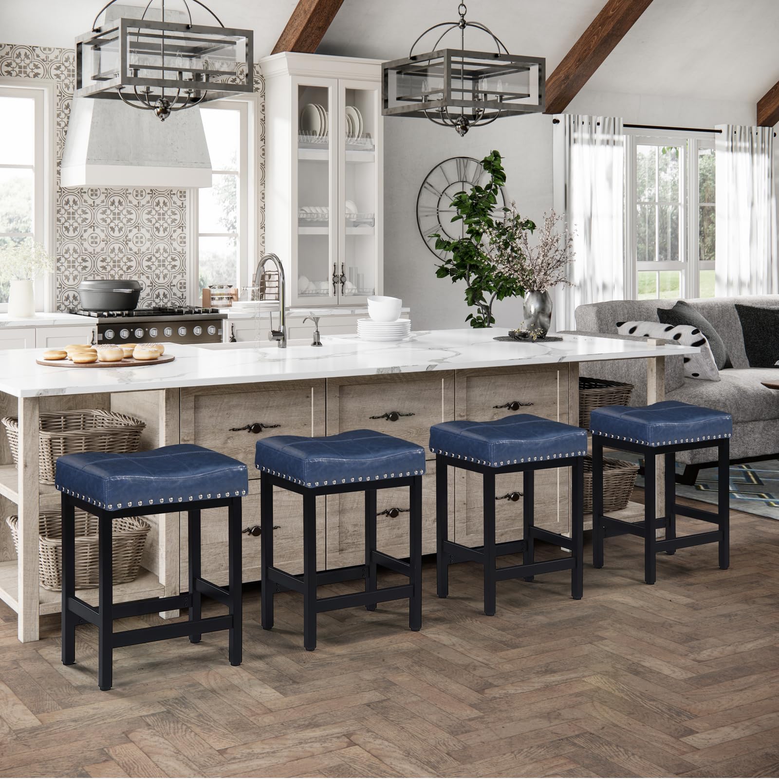 OUllUO Bar Stools Set of 2, 60 cm Counter Height Stools Saddle Stool, Blue Faux Leather Barstools with Metal Base