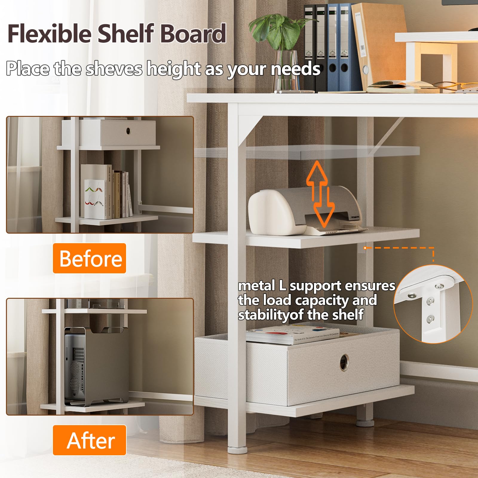 Furologee White Gaming Desk with Charging Station and LED Lights, 140 cm