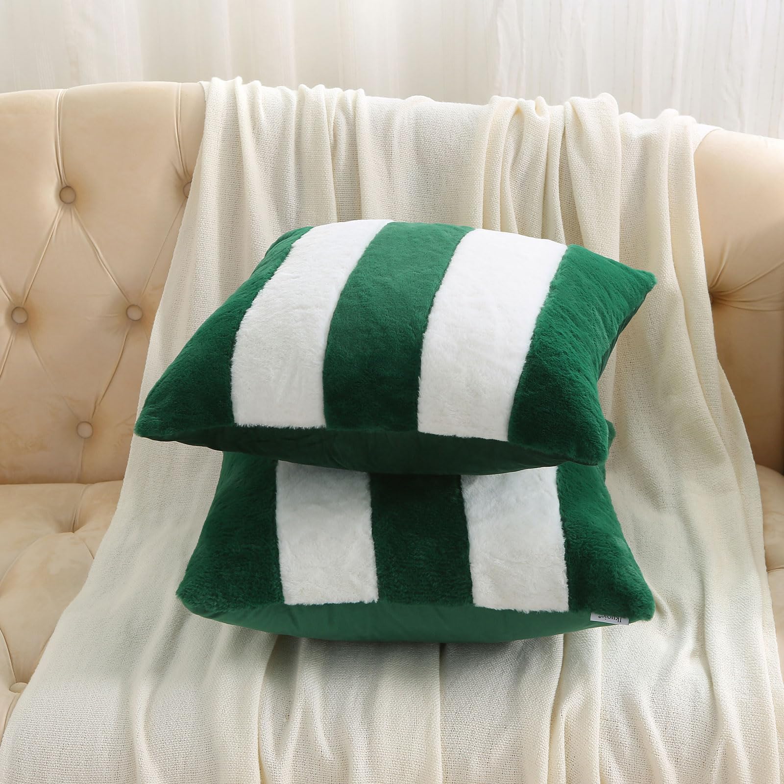 Ikuoic Green and White Striped Throw Pillow Covers 40 X 40 cm Set of 2