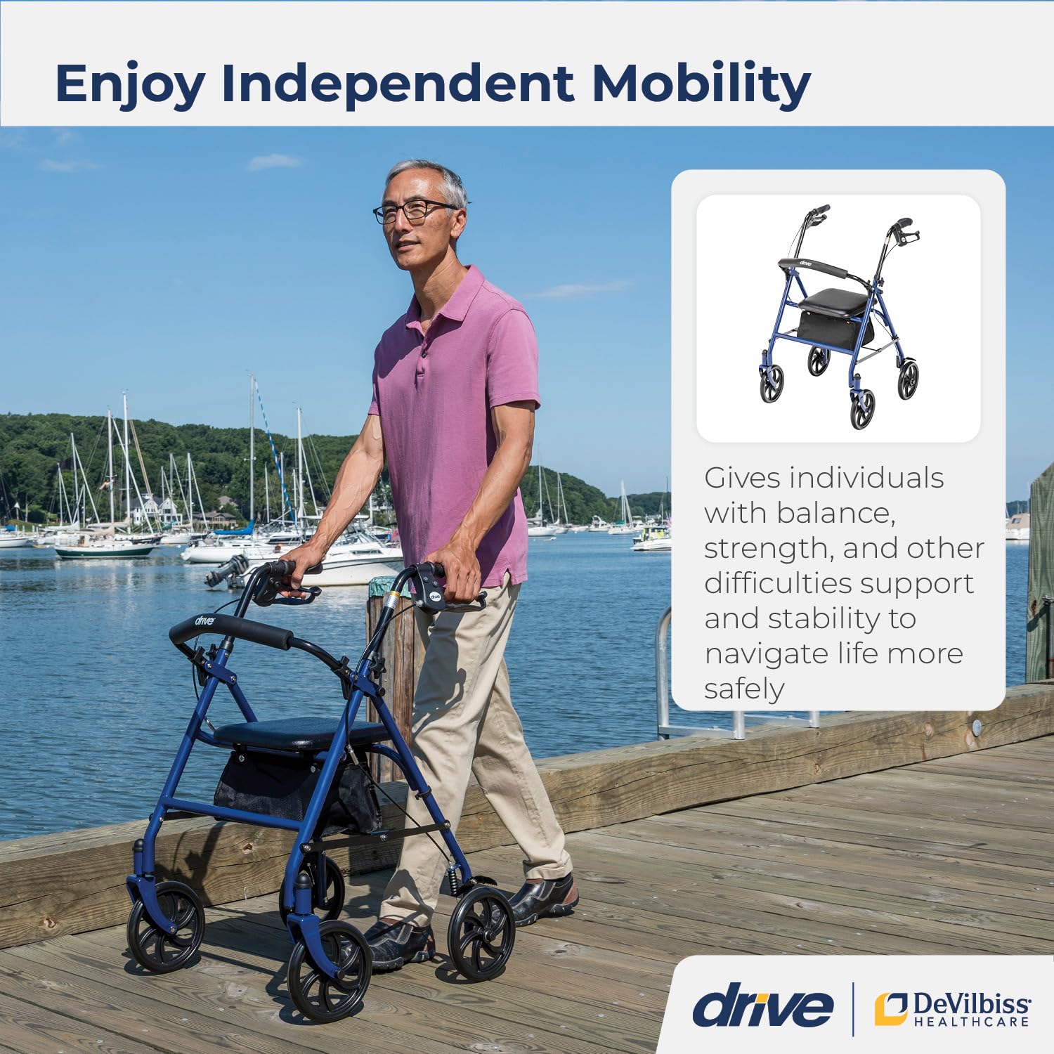 Drive Medical Wheel Rollator Walker With Seat, Steel Rolling Walker, Blue-2