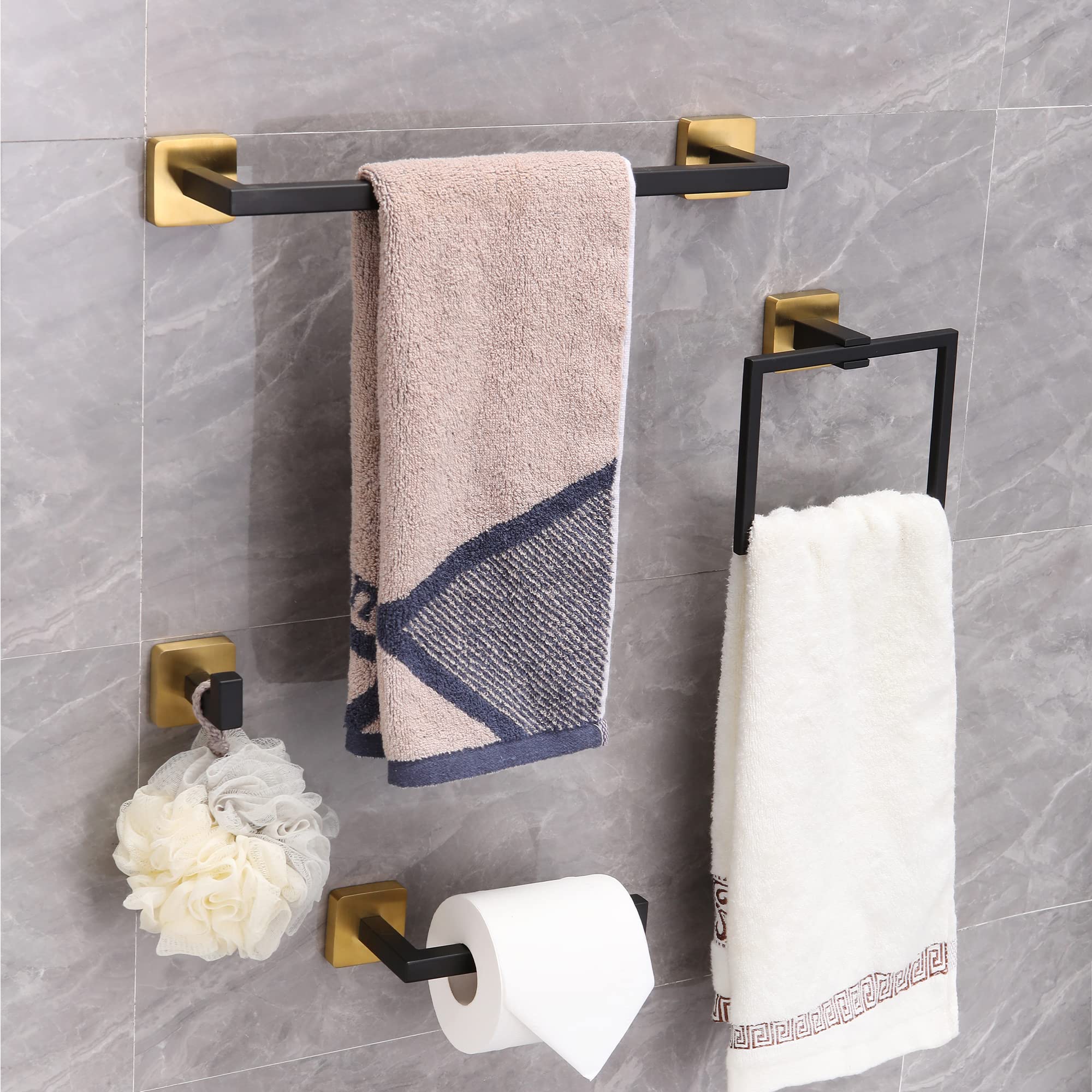Ntipox 4 Pieces Black and Brushed Gold Bathroom Hardware Accessories Set,Stainless Steel Square 16" Hand Towel Bar Set Gold, Towel Rack Set Wall Mounted
