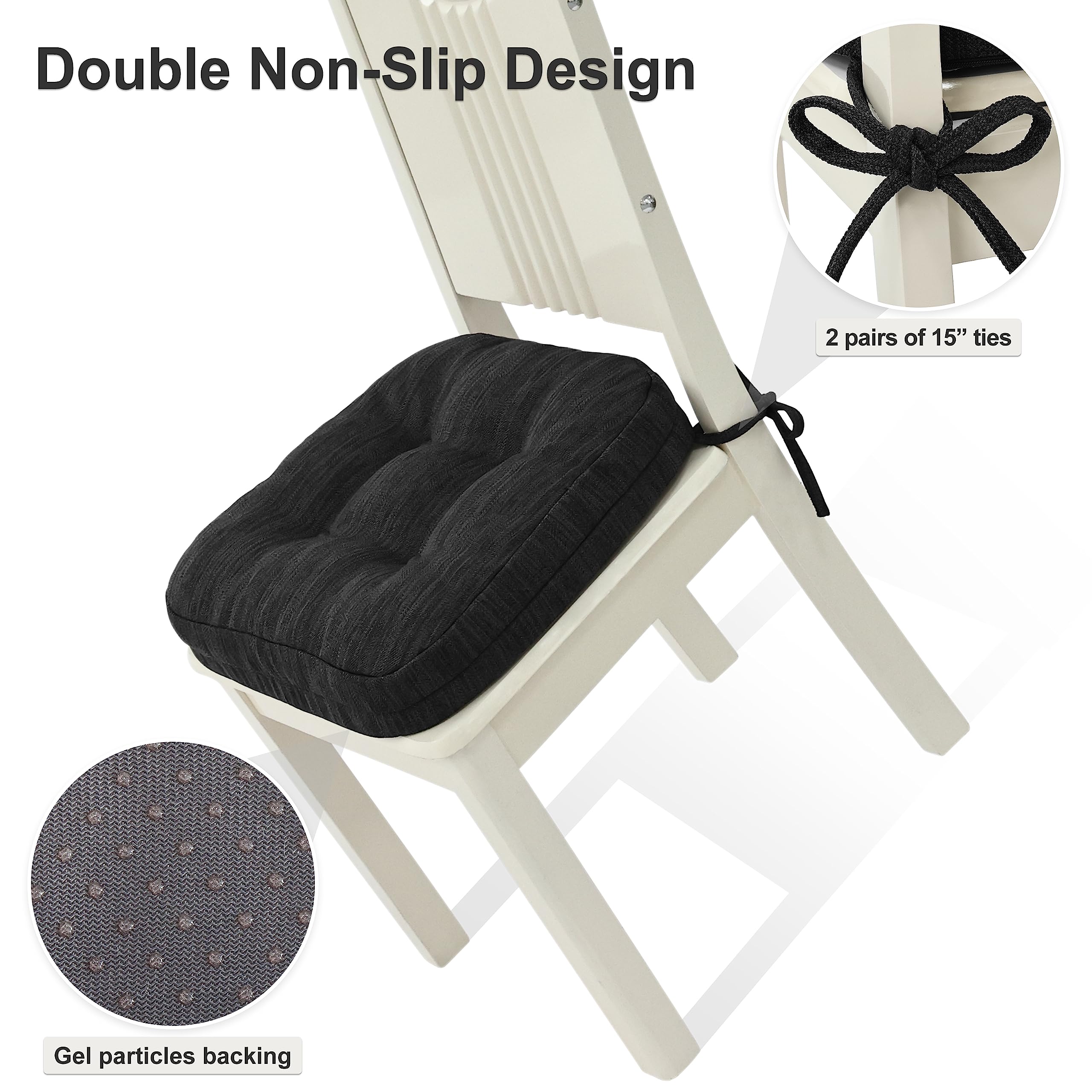Shinnwa Chair Cushions for Dining Chairs 2 Pack, Tufted Memory Foam Kitchen Chair Cushions, Non-Slip Chair Pads with Ties, 16.5” x 16.5” x 3.5”, Charcoal, Set of 2