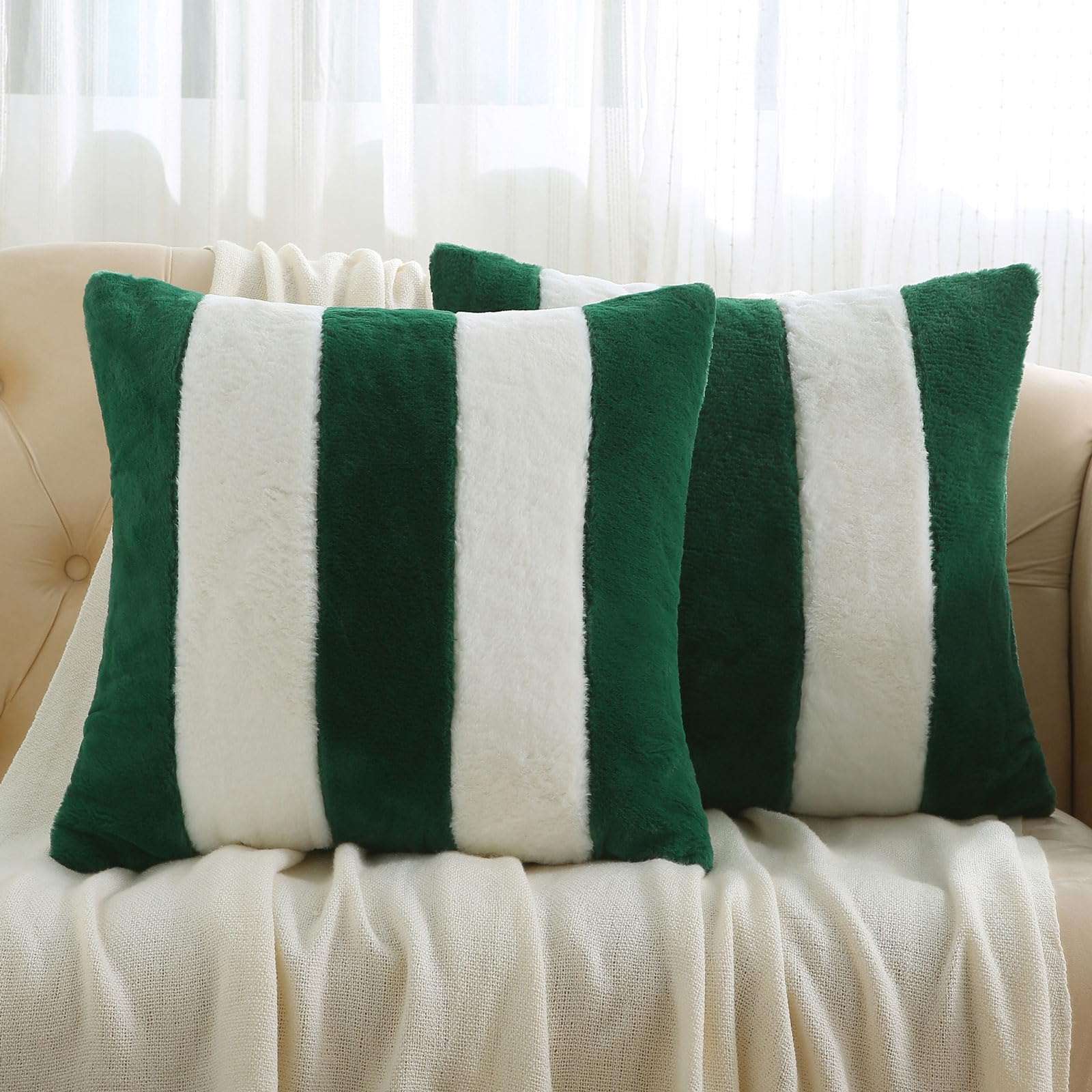 Ikuoic Green and White Striped Throw Pillow Covers 40 X 40 cm Set of 2