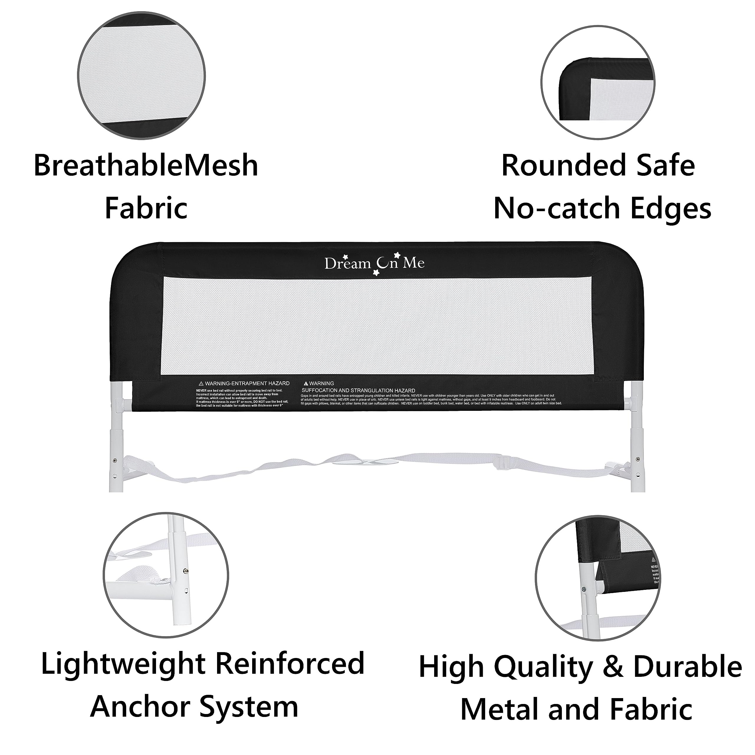 Dream On Me Lightweight Mesh Security Adjustable Bed Rail for Toddler(Black)