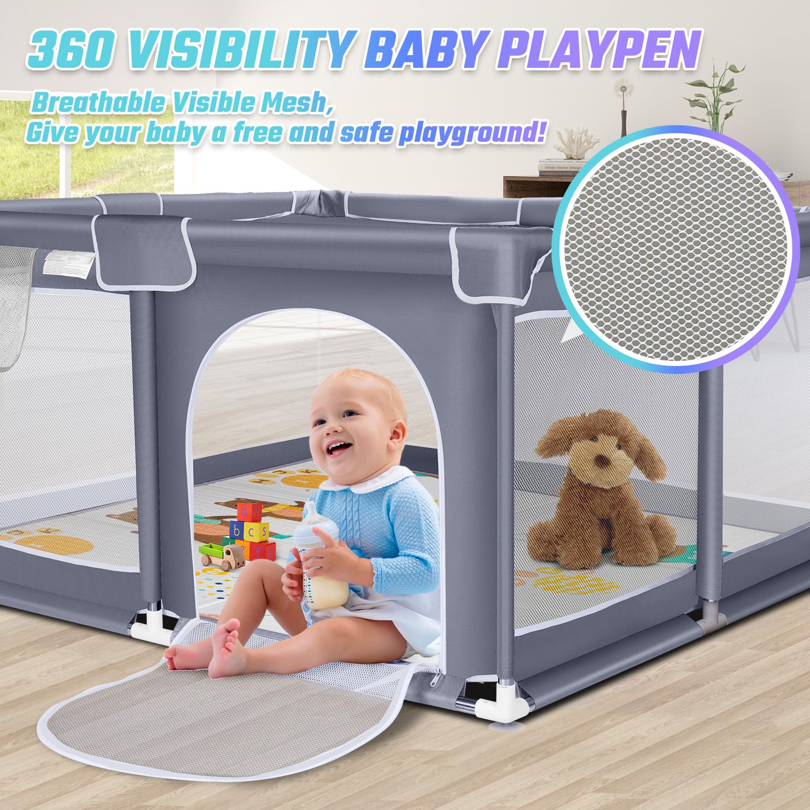 Suposeu Baby Playpen with Mat, Playpen for Babies and Toddlers with Gate, Indoor & Outdoor Playard Kids Activity Center with Anti-Slip Base (Gray, 50"×50")