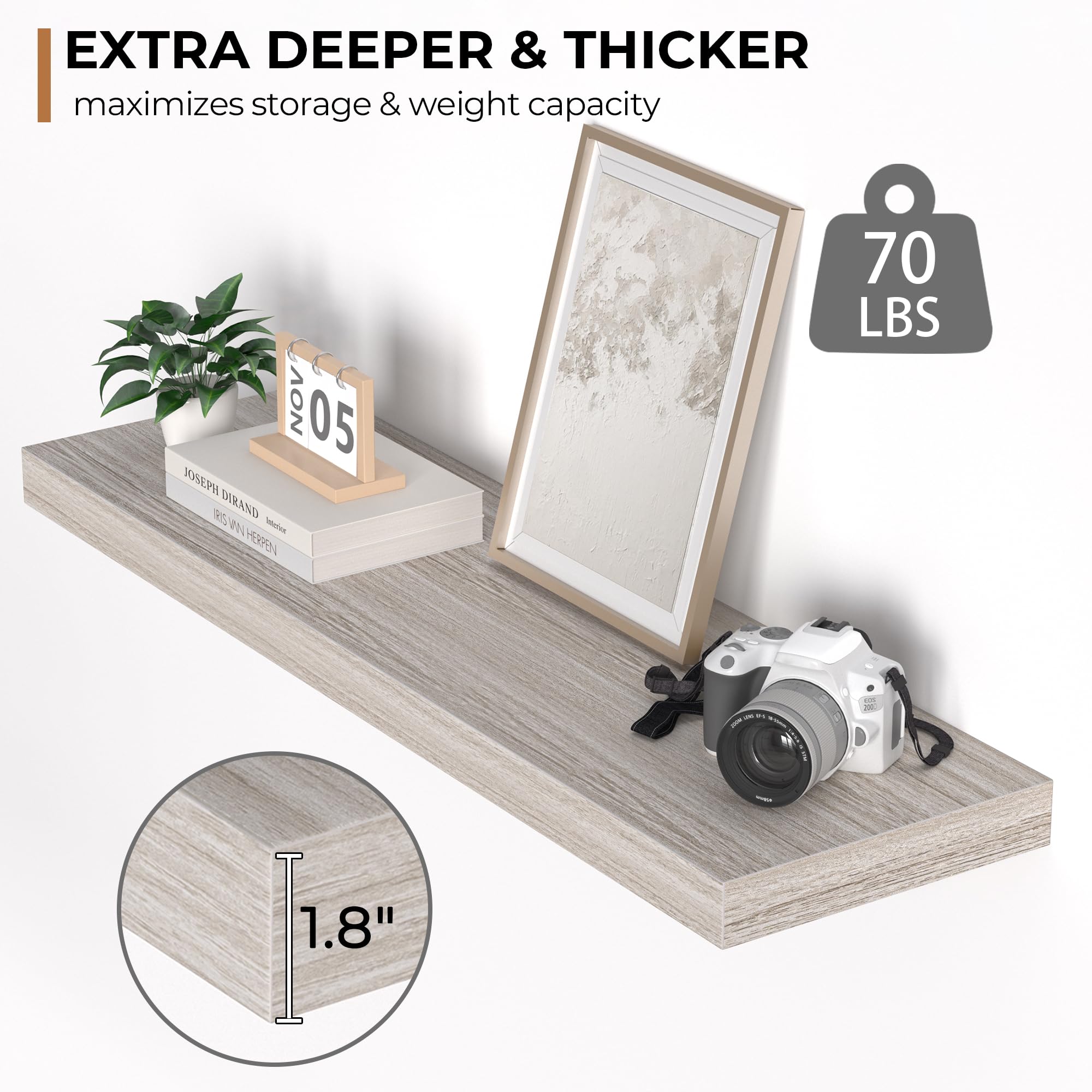 Floating Shelves - 10.3 Inch Deep Wall Shelf for Decor & Storage - Wall Mounted Display Shelving with Invisible Heavy-Duty Metal Bracket - 36" W x 10.3" D x 1.8" H - Set of 1 - Rustic Grey