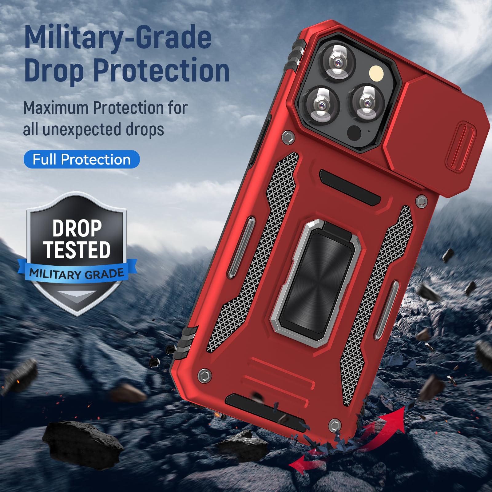 UKLCCU Case for iPhone 15 Pro Phone Case 15 Pro iPhone Case with Slide Camera Cover & Built-in 360° Rotating Kickstand for iPhone 15 Pro - Red