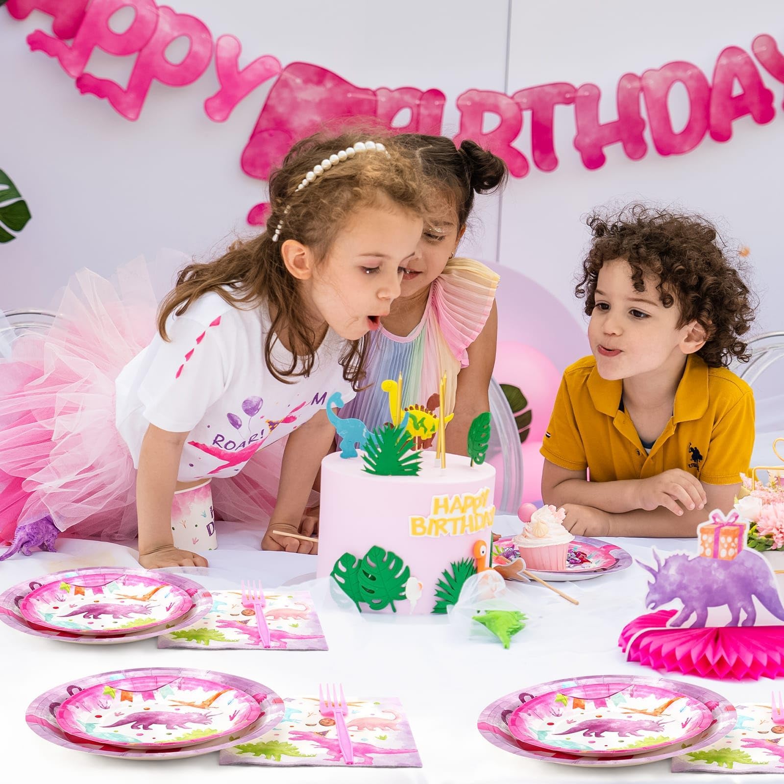 WERNNSAI Pink Dinosaur Party Supplies - 64 PCS Dino Birthday Table Decoration Disposable Plates Napkins Forks Dinosaur First Birthday Tableware Set for Girls Birthday Baby Shower Serves 16 Guests - D