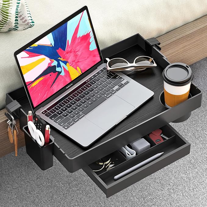 SOLEJAZZ Bedside Shelf for Bed, Foldable Bunk Bed Shelf for Top Bunk Clip On Nightstand with Drawer, Hook, Cup & Cord Holder College Dorm Room Essential Table Caddy Tray Organizer Bedroom Shelf, Black