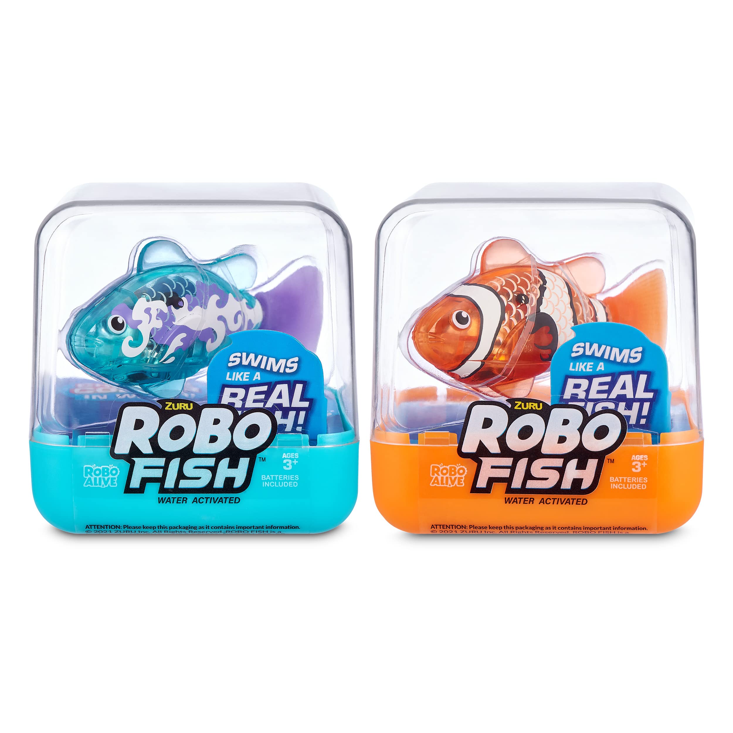 Robo Alive Robo Fish Series 2 (Teal + Orange 2 Pack) by ZURU Robotic Swimming Fish Water Activated, Changes Color, Comes with Batteries, Amazon Exclusive - Teal + Orange (2 Pack), 7165E