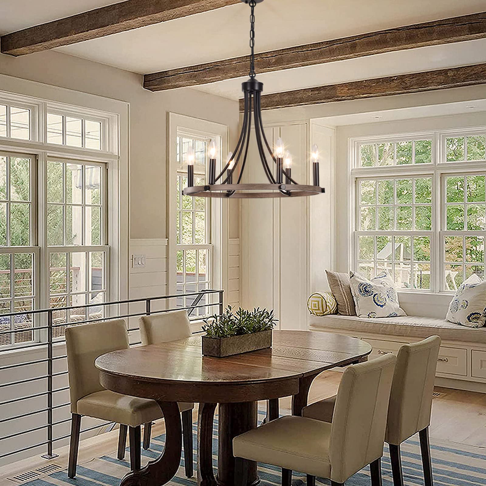 ثريا يارلكاف على شكل عجلة عربة لغرفة الطعام، ثريا مزرعة سوداء بستة مصابيح معلقة دائرية