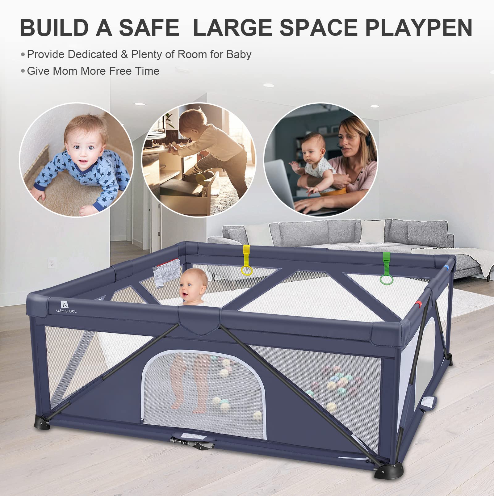 A ALFRESCOOL Baby Playpen, 47"x47"(15.5 sq. ft Space), Foldable Large Playpen for Babies and Toddlers, Indoor & Outdoor Baby Activity Center with Gate & Breathable Mesh, Anti-Fall Portable Play Pens