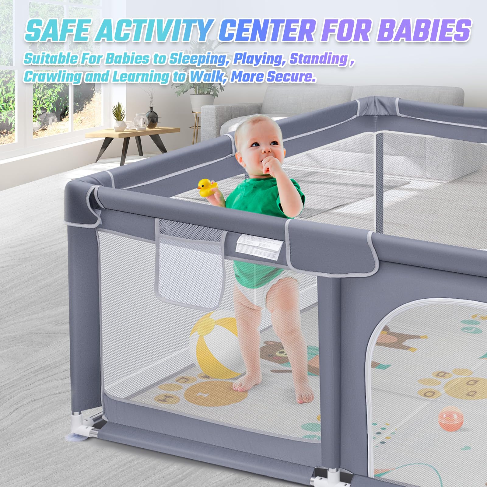 Suposeu Baby Playpen with Mat, Playpen for Babies and Toddlers with Gate, Indoor & Outdoor Playard Kids Activity Center with Anti-Slip Base (Gray, 50"×50")