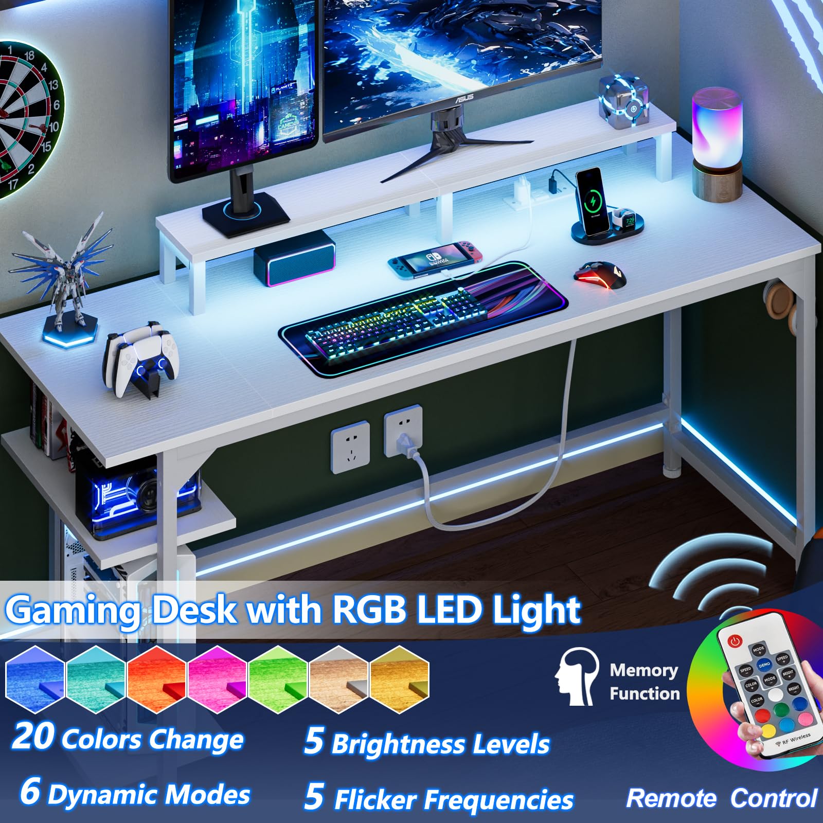 Furologee White Gaming Desk with Charging Station and LED Lights, 140 cm