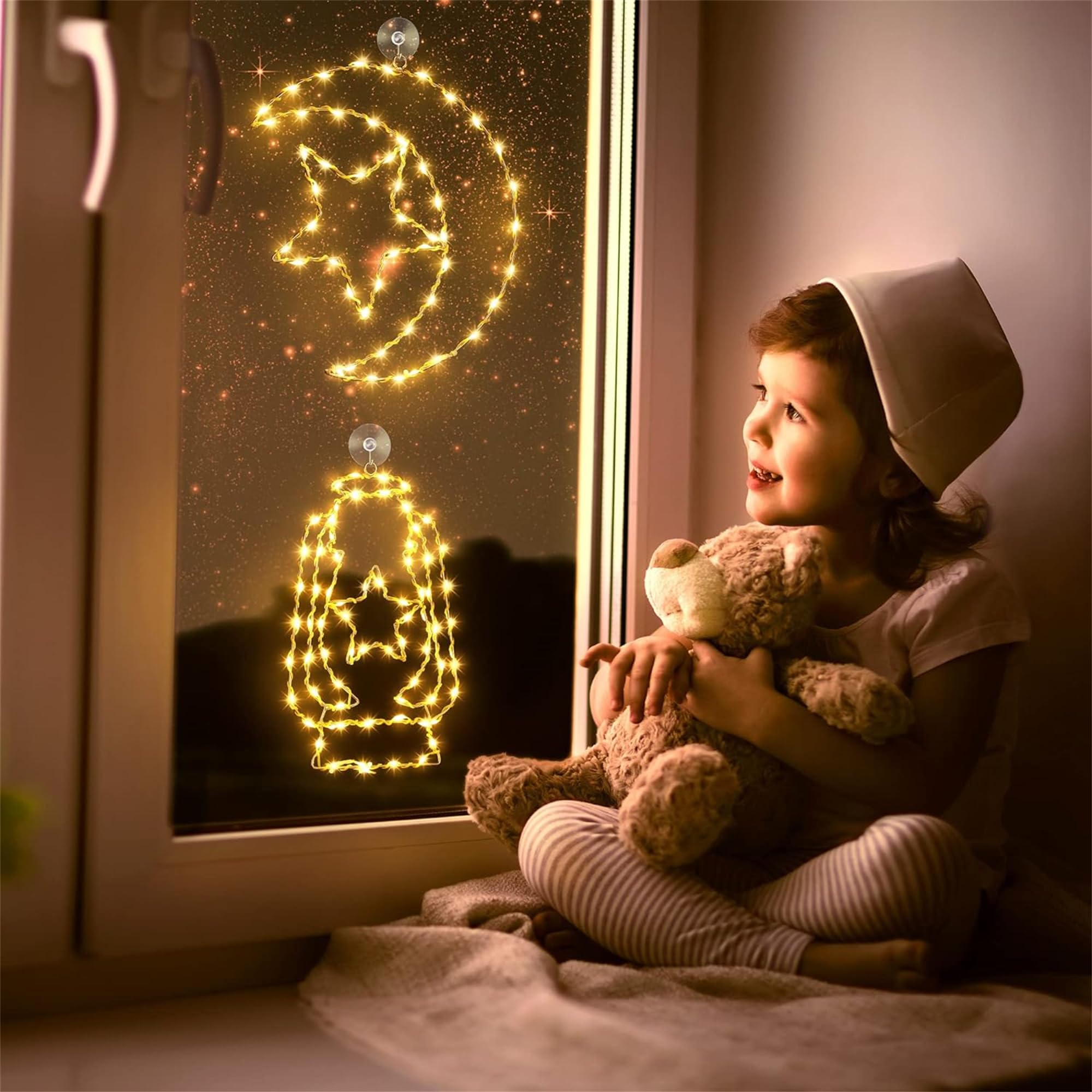 مصباح نافذة من إينهون، قطعتان من زينة رمضان المبارك، 8 أوضاع إضاءة، ضوء أبيض دافئ لعيد مبارك يعمل بالبطارية، ديكور إسلامي للباب والنافذة والجدار (فانوس نجمة وقمر وشمعة)