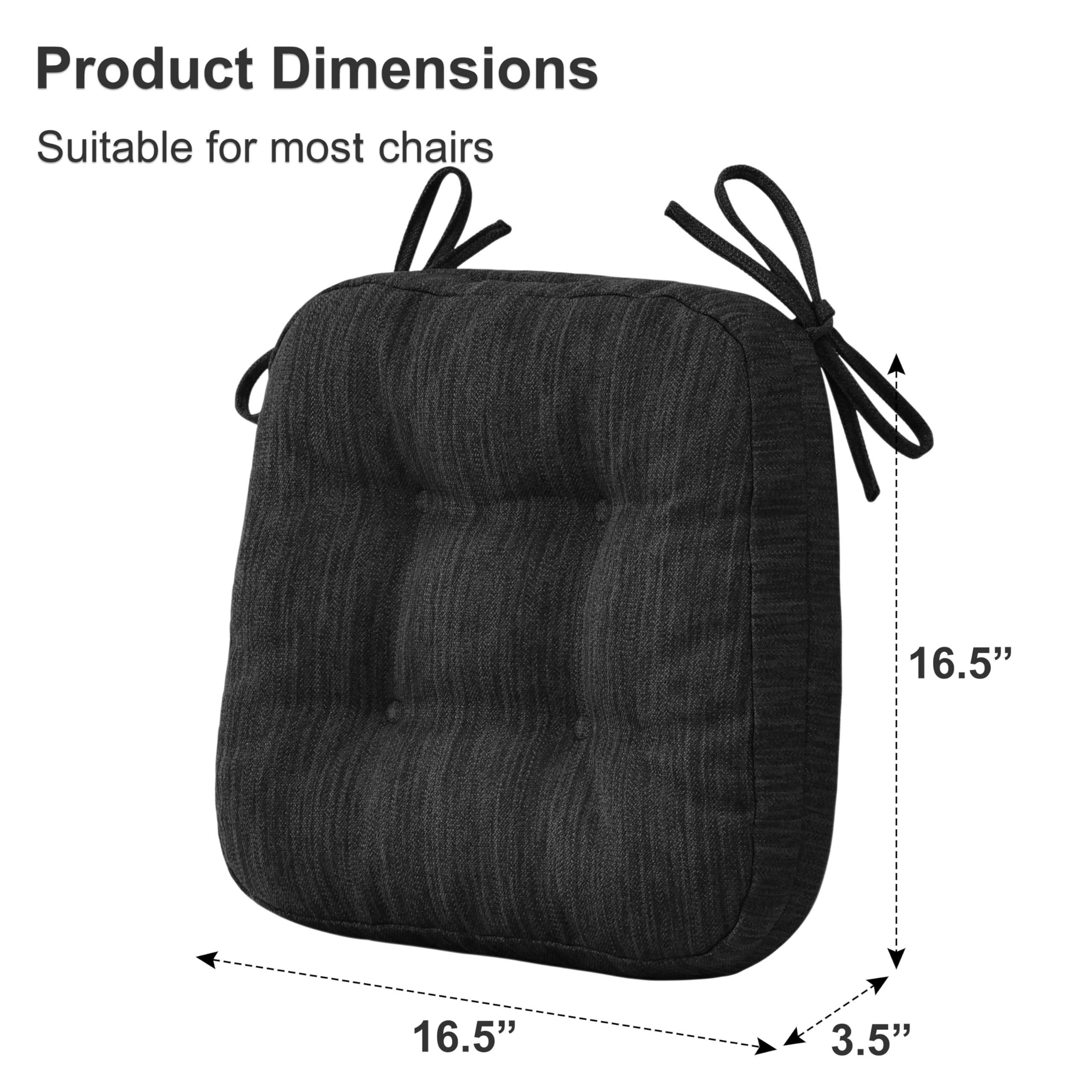 Shinnwa Chair Cushions for Dining Chairs 2 Pack, Tufted Memory Foam Kitchen Chair Cushions, Non-Slip Chair Pads with Ties, 16.5” x 16.5” x 3.5”, Charcoal, Set of 2