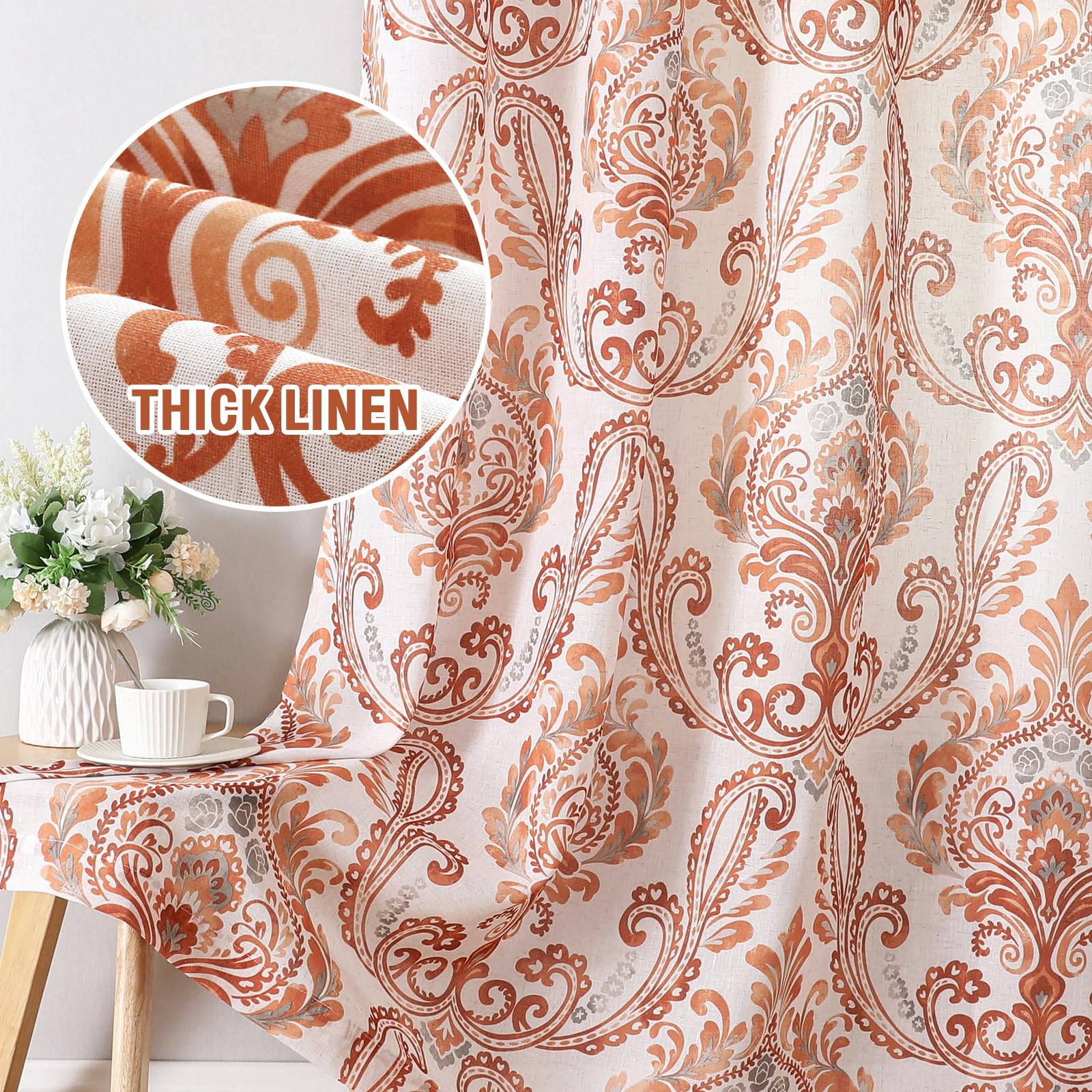 ستائر كتان من H.VERSAILTEX بطول 160 سم، مكونة من لوحين، لون أحمر تيري، بنقشة زهور