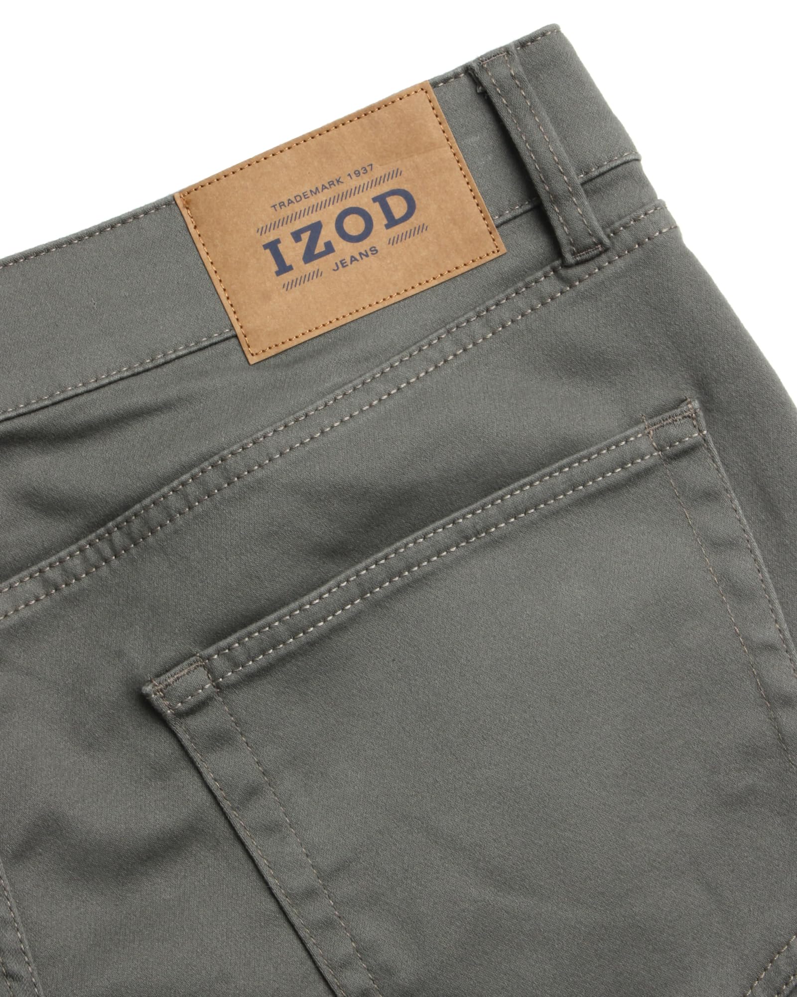 المقاس: 36 × 30 - بنطلون جينز رجالي من IZOD - بنطلون جينز مريح بقصة عادية من قماش الدنيم المطاطي - بنطلون كاجوال بساق مستقيمة للرجال، المقاس، زيتوني باهت