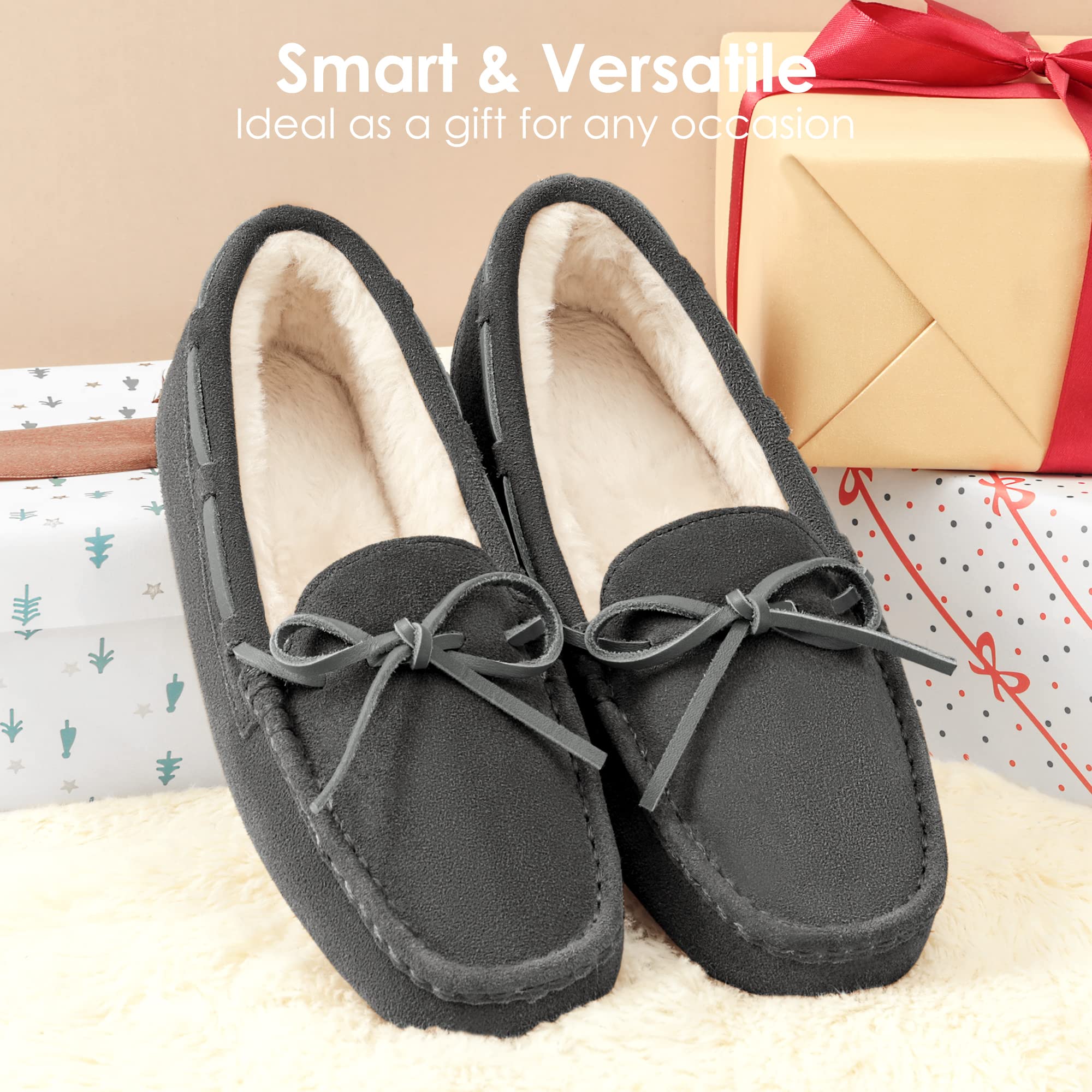 SIZE: 38 - DREAM PAIRS Women's Auzy-02 House Slippers Indoor Outdoor Moccasin Fuzzy Fluffy Furry Loafers Suede Leather Warm Shoes Size 6.5-7, Grey
