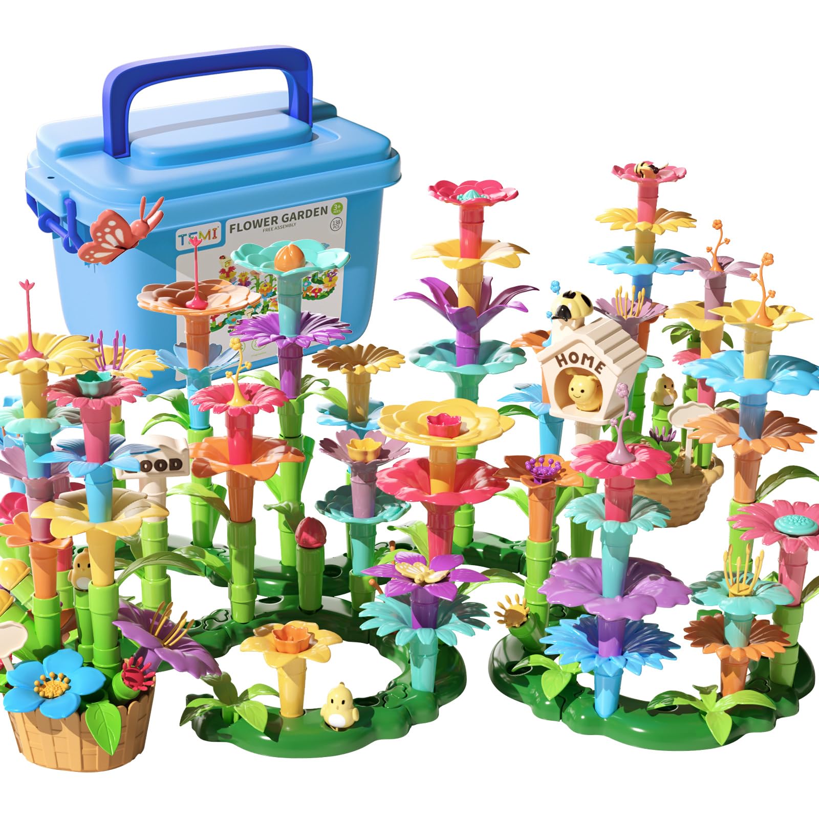 TEMI 138 Pieces Educational Mint Toy and Preschool Garden Game Set for Children Ages 3-7, Flowers Stacking Toy for Boys and Girls