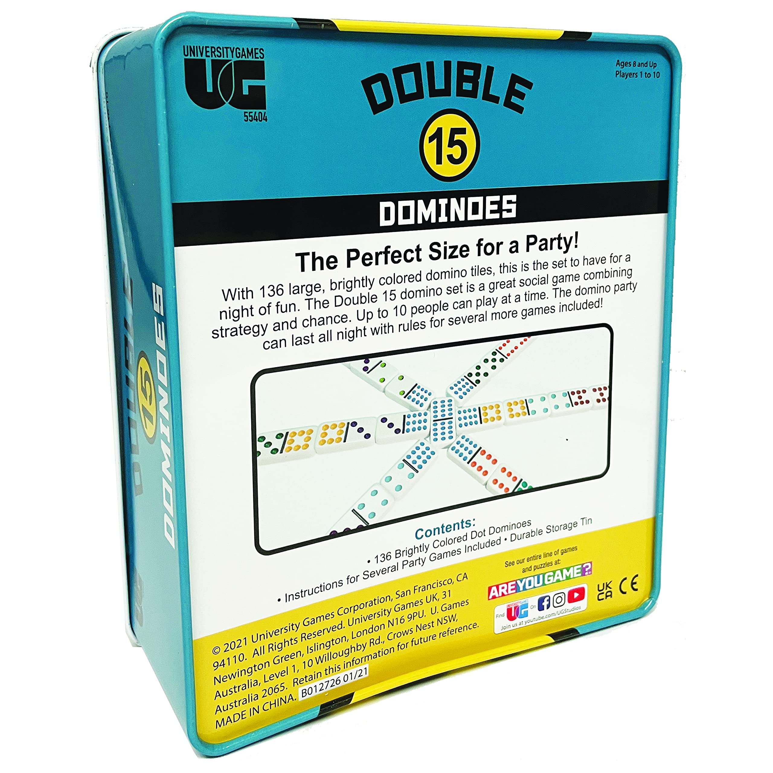 Front Porch Classics, Double 15 Color Dot Dominoes Set On-The-Go Travel Storage Tin, 2 to 12 Players Ages 8 to 99