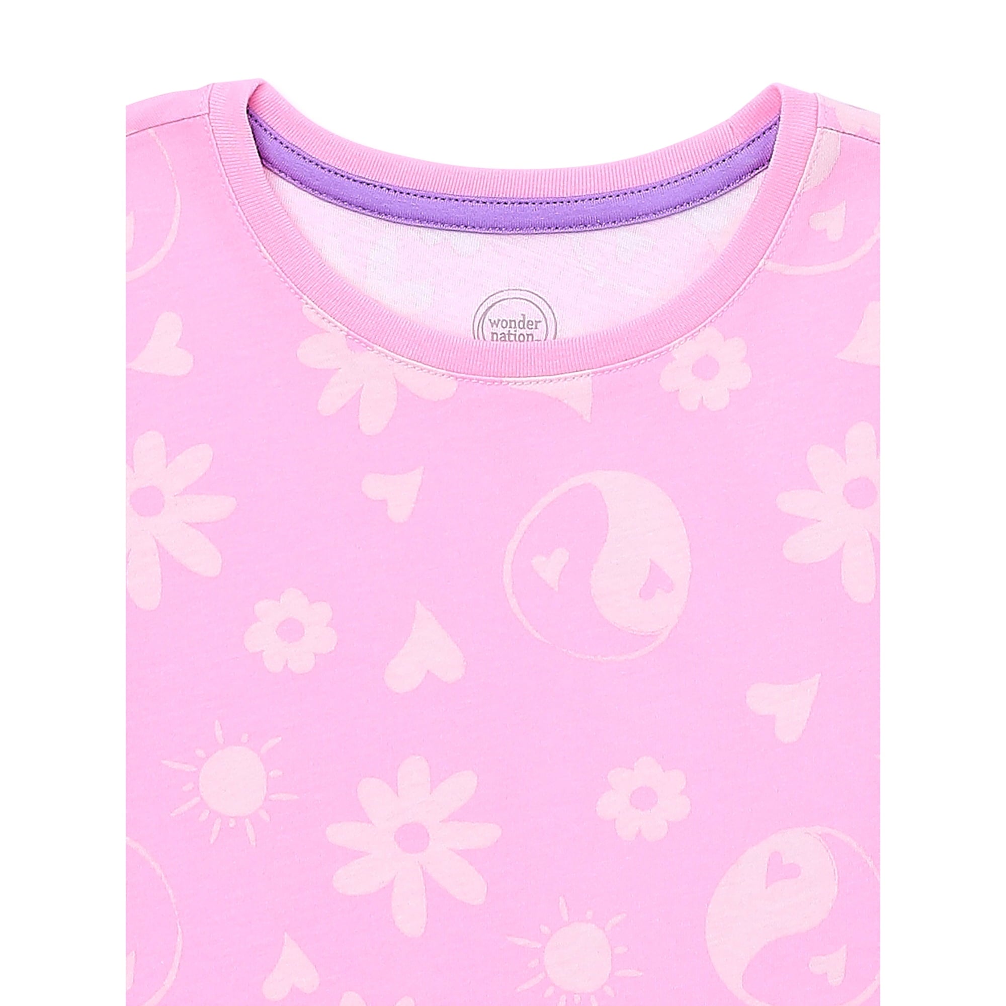 المقاس: كبير (10-12) - تي شيرت Wonder Nation للفتيات الصغيرات بأكمام قصيرة مزين بزهور وردية برمودا