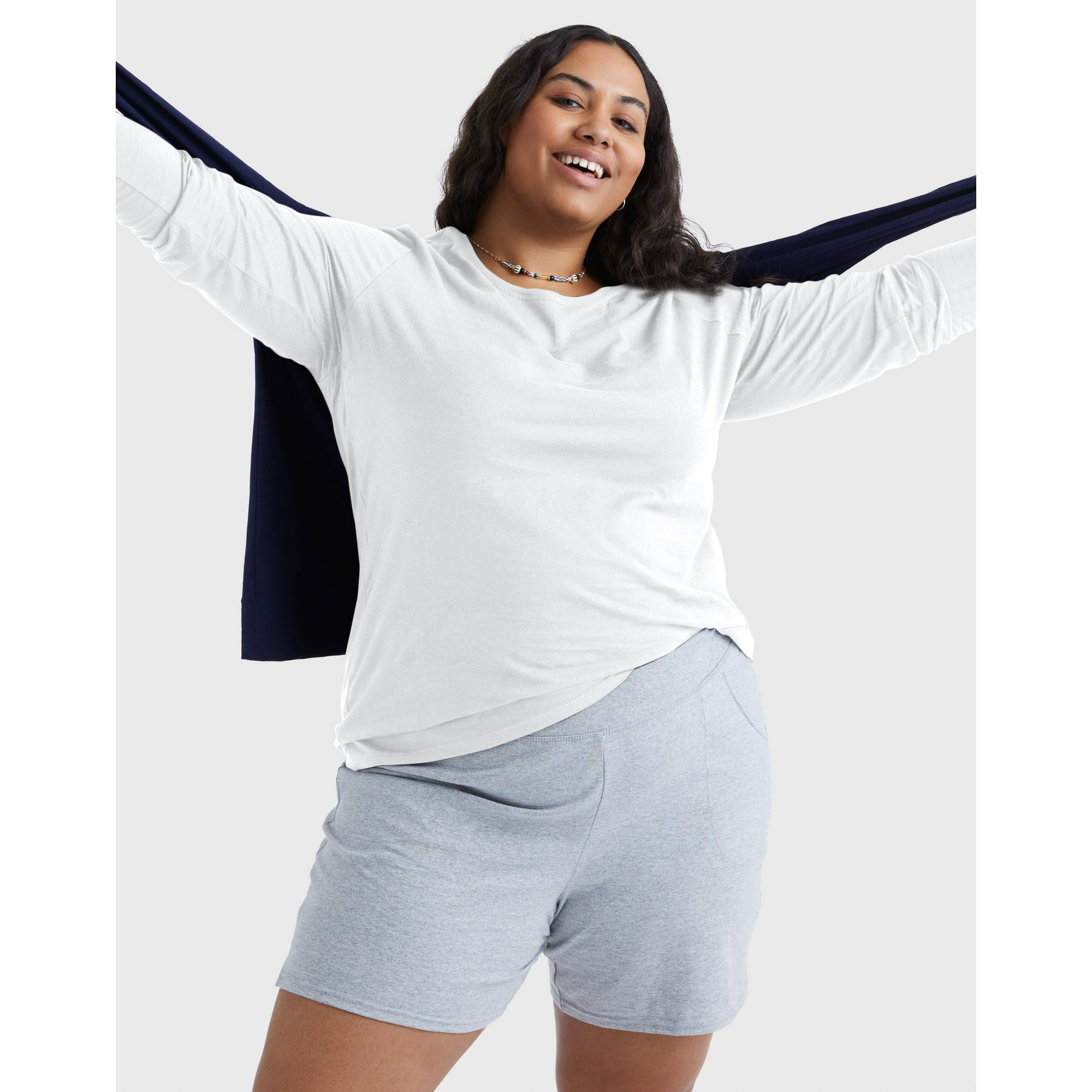 المقاس: 3XL - تي شيرت Hanes نسائي ونسائي كبير الحجم من القطن برقبة دائرية وأكمام طويلة