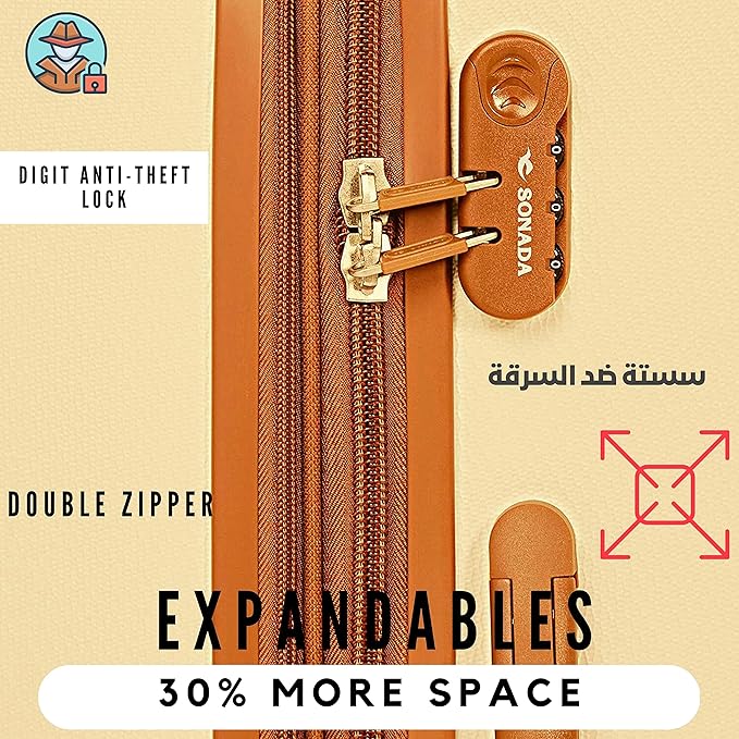 مجموعة حقائب سفر سونادا الصلبة من 3 قطع، مصنوعة من مادة ABS-PC قابلة للتمدد، مزودة بسحاب مزدوج، وقفل مضاد للسرقة (مجموعة من 3 قطع، لون الشمبانيا)